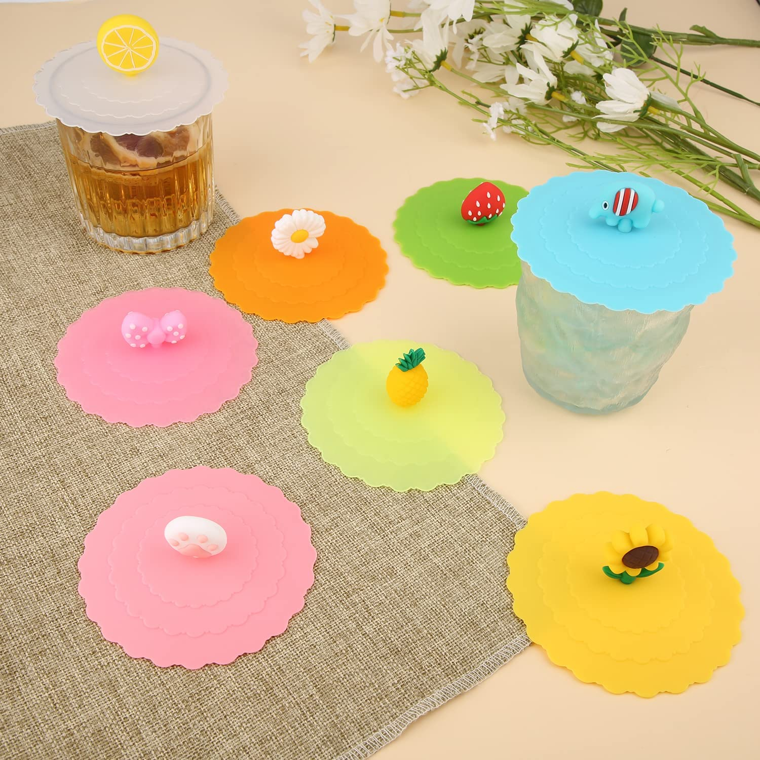 KINBOM 8Pcs Silicone Cup Lids, Colorful Anti-Dust Mug Cover - Cute Reusable Lids for Cups, Mugs, Beer Glasses - 8 Styles image number 1