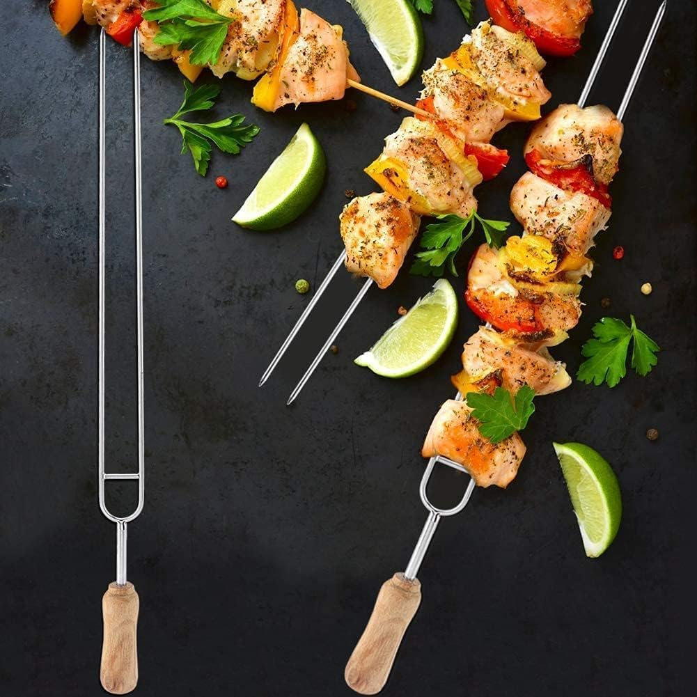U Shape Stainless Steel BBQ Skewers, Kabob Skewer with Wood Handle Roast Needle Sticks, Double Prong Skewers-U-Shaped Barbecue Needle Chicken Wing Fork for BBQ Cookware Campfire Grill Cooking image number 2