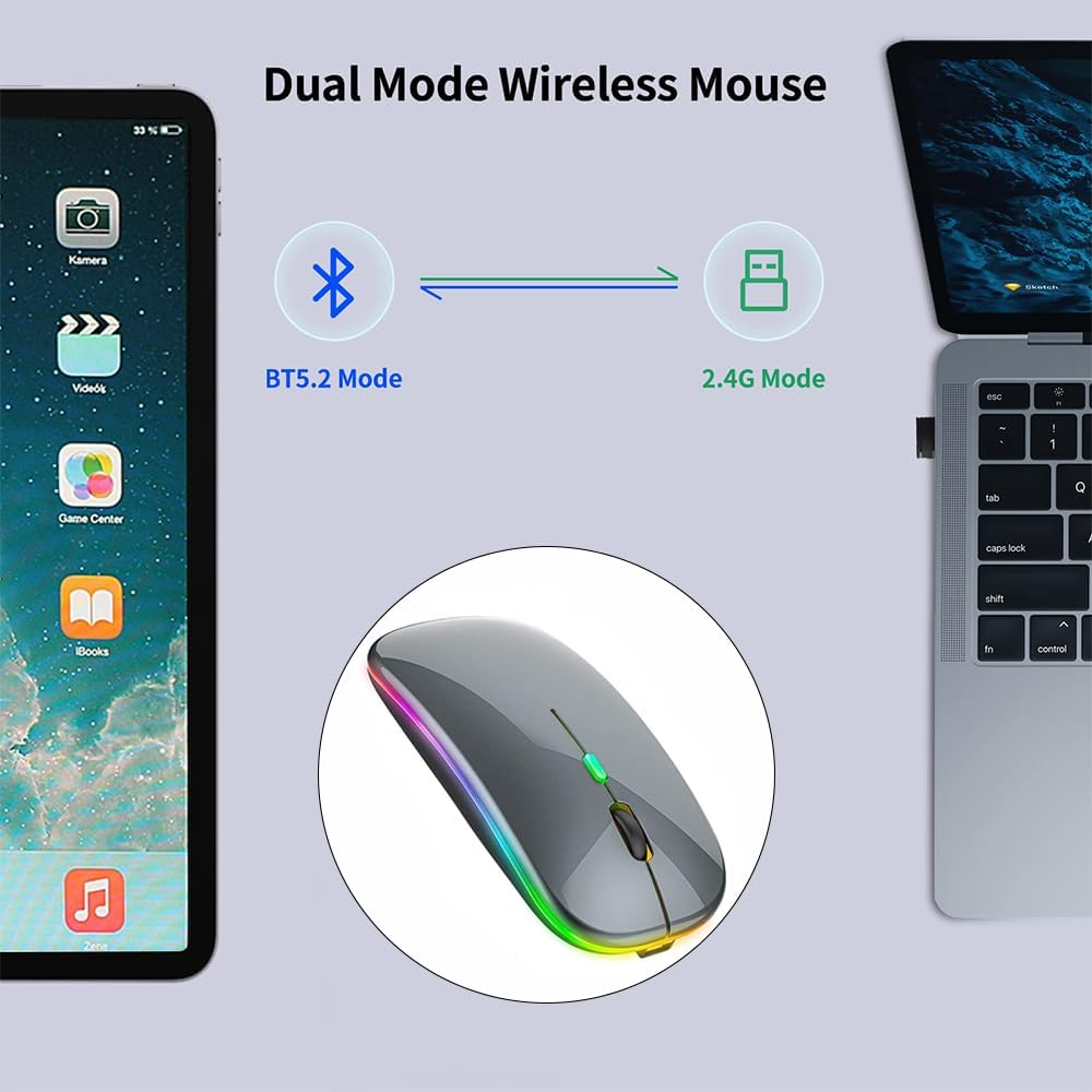 LED Wireless Mouse, Rechargeable Slim Silent Mouse 2.4G Portable Wireless Bluetooth Mouse Dual Mode with USB Receiver and Type C Adapter, 3 Adjustable DPI for Notebook, PC, Laptop (Grey) image number 1