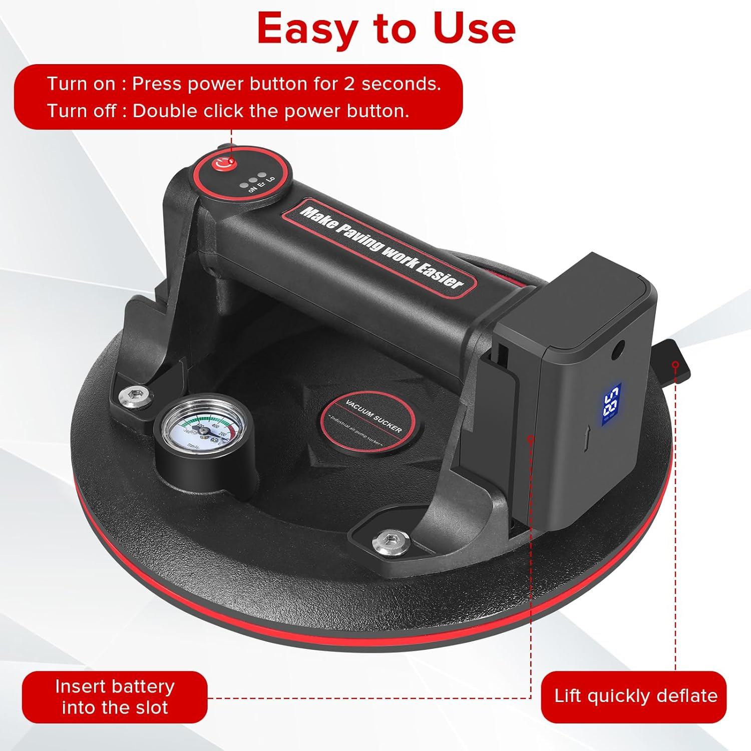 8" Electric Vacuum Suction Cups Lifter with Battery 3000Mah Max Load 600Lbs Glass Suction Cups Auto Detect and Replenish Pressure for Transport Glass Tile Granite Windshield (1Pack). image number 3