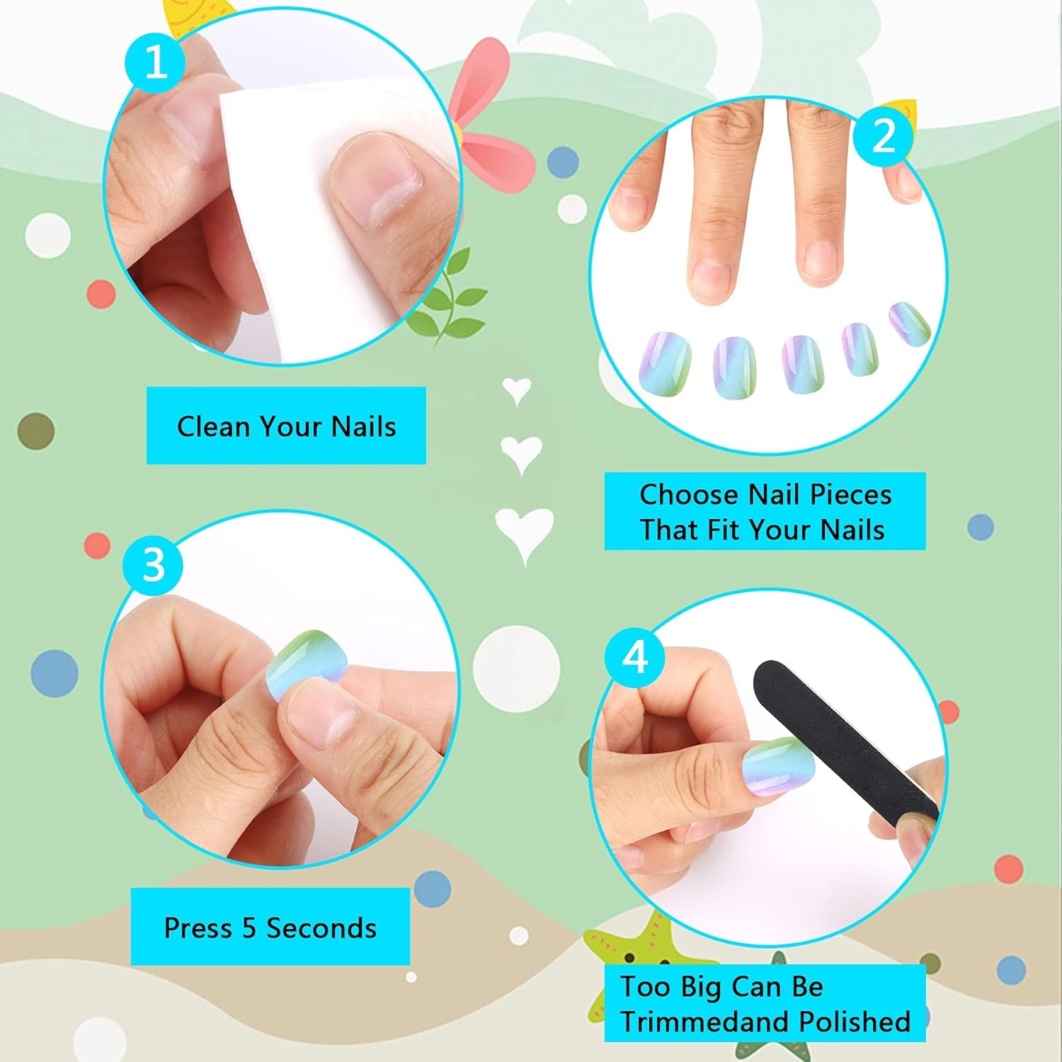 96 Pcs Kids False Nail Press on Nails Kids Full Cover Short False Nails Children Nail Tips Lovely Gift for Kids Little Girls Nail Art Decoration (Blue Theme) image number 3