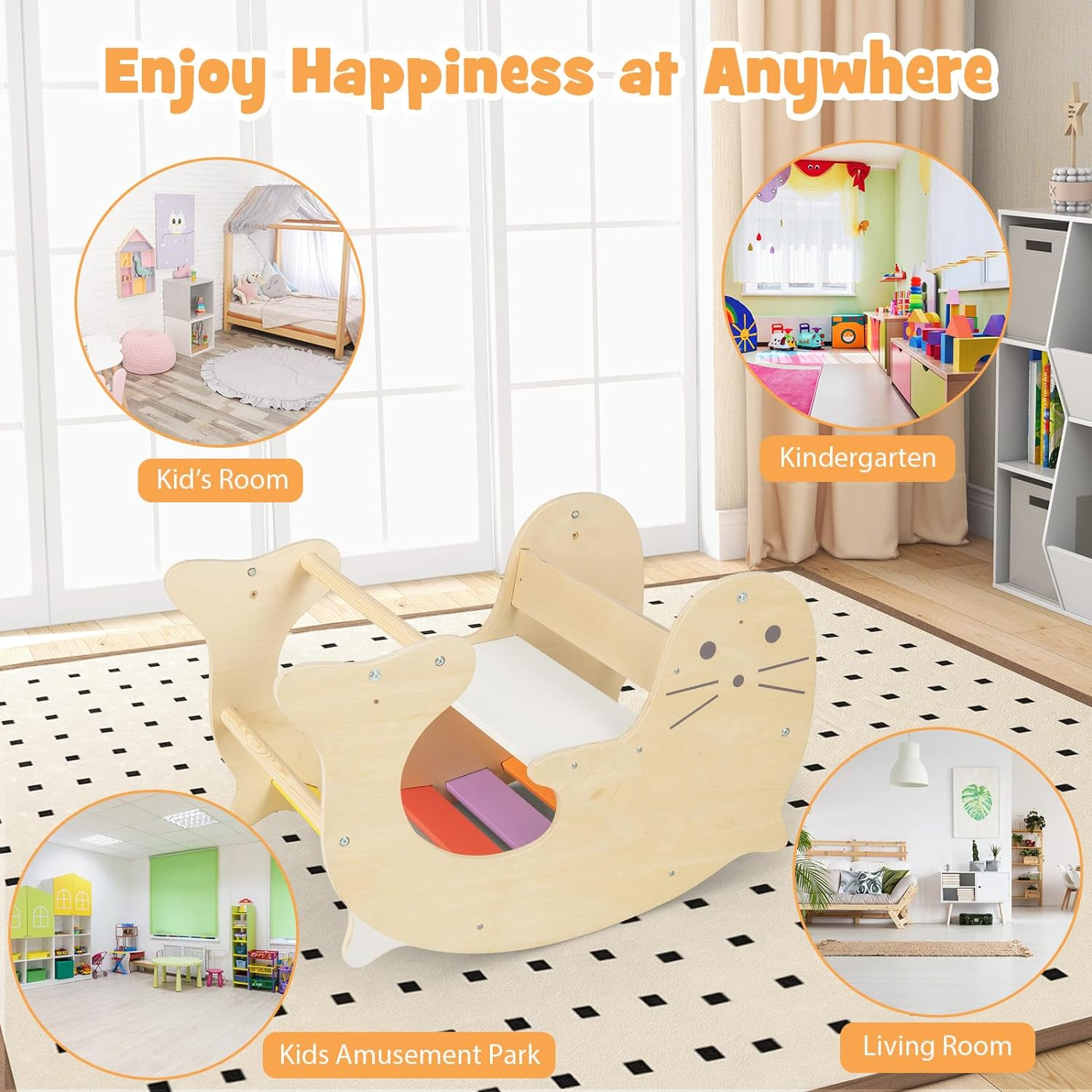 HONEY JOY 3-In-1 Climbing Toy Set for Kids, Indoor Arch Climber W/Cute Sea Lion Pattern & Rich Colors, Natural Solid Wood Bars, Smooth Seat & Back, Fun Play Table & Rocking Horse for 3-14 Years Old image number 5