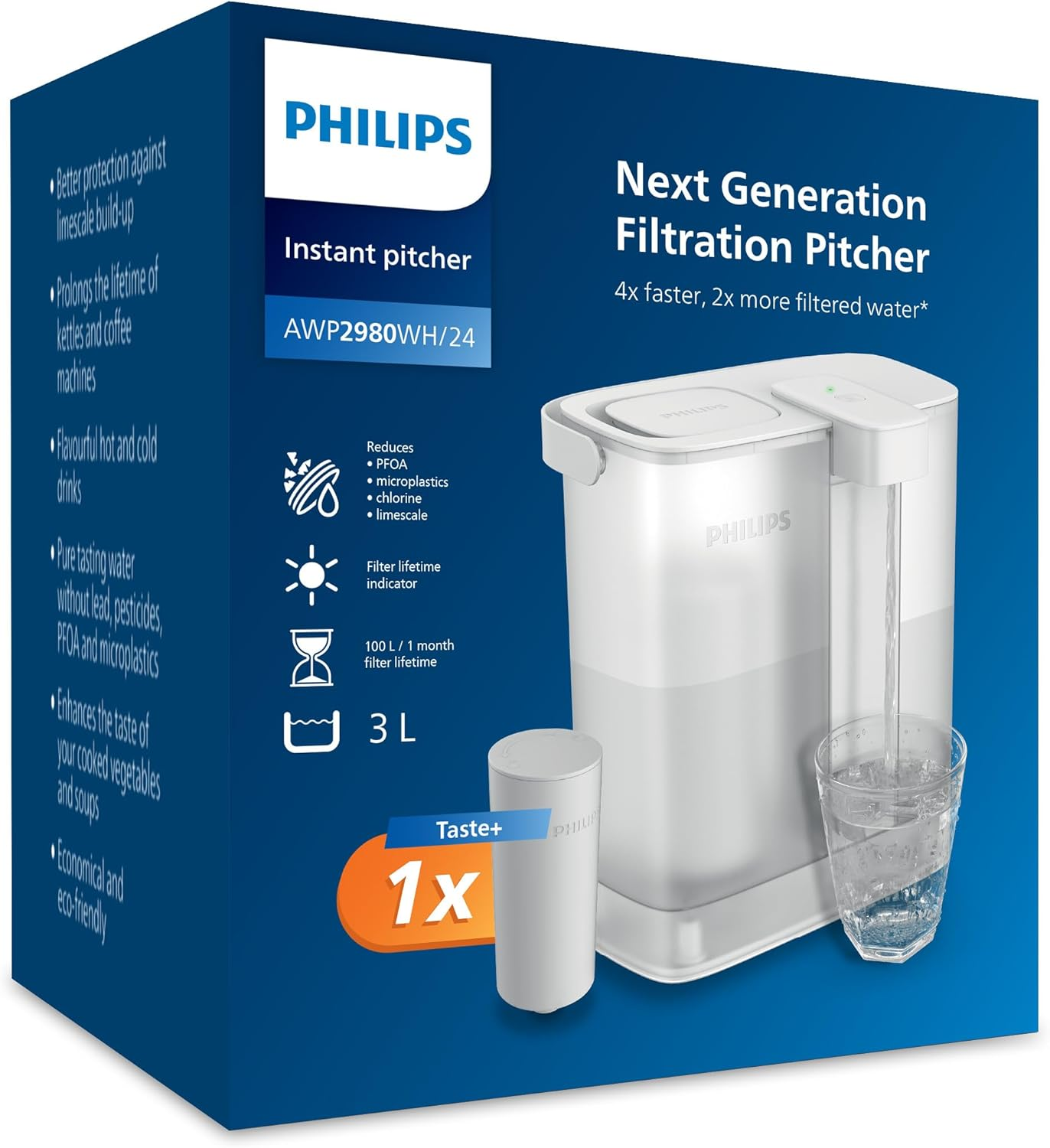 Philips Water Instant Water Filter Jug (3L) - Clean and Good Tasting Water in Seconds - Includes 1&times; Flavour + Filter, Reduces Chlorine & Lead, Retains Minerals image number 4