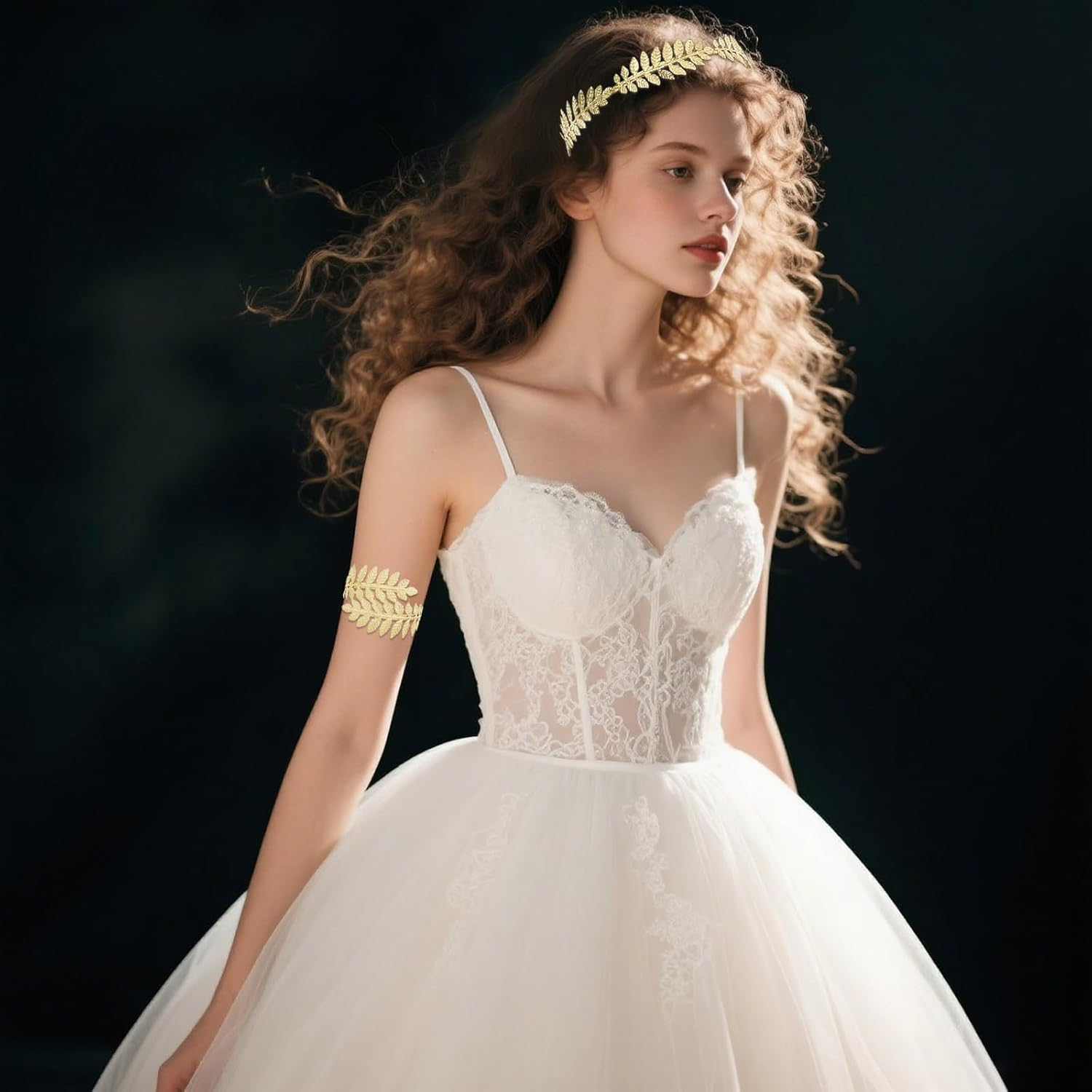 2Pcs Greek Goddess Headband Arm Cuff Bridal Jewelry Set Roman Leaf Branch Crown Upper Arm Band Bracelet for Women image number 3