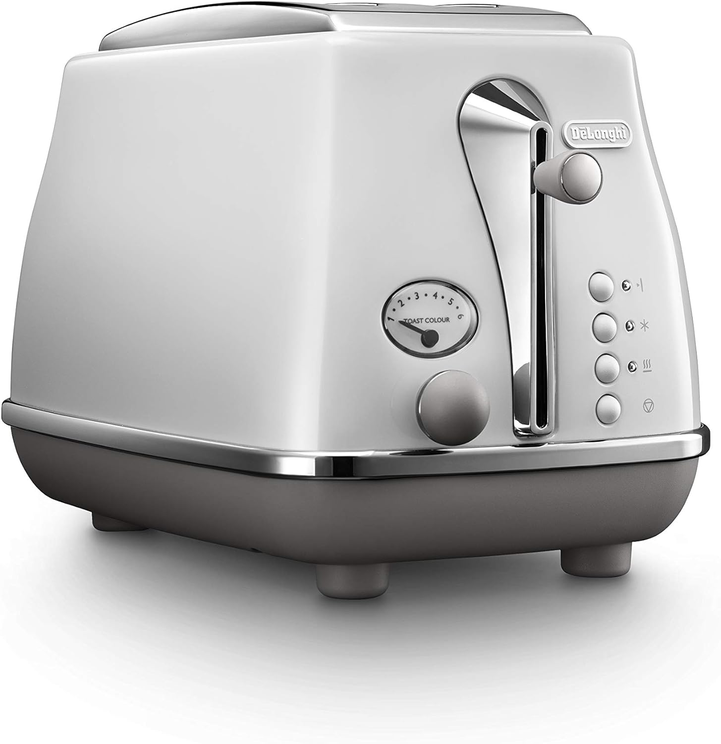 De'Longhi Icona Capitals 2 Slice Toaster CTOC2003.W, Reheat, Cancel and Defrost Functions, 6 Browning Levels, Removable Crumb Tray, 900W, White