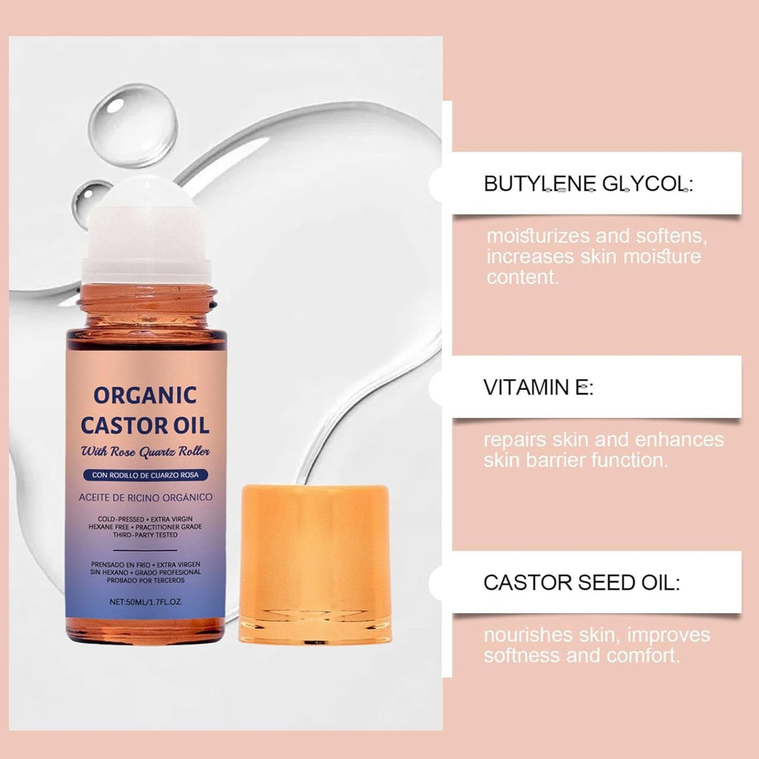 Organic Castor Oil with Rose Quartz Roller, Natural Ingredients, Gently Nourishes Skin, Suitable for All Skin Types (2) image number 5