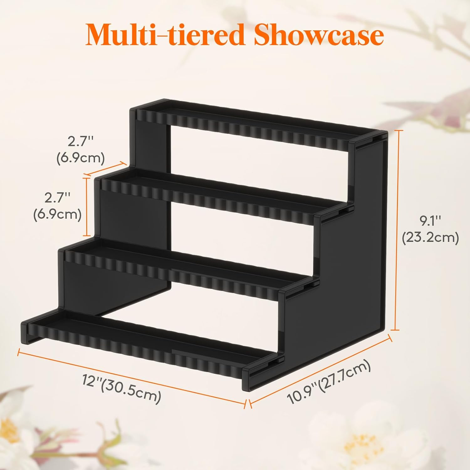 Lifewit 4 Tier Black Display Risers Stand with Decorative Fences, Plastic 12 Inch Perfume Organizer, Display for Figures, Cupcake, Dessert, Desktop Stand for Organization and Decor, 2 Pack image number 2