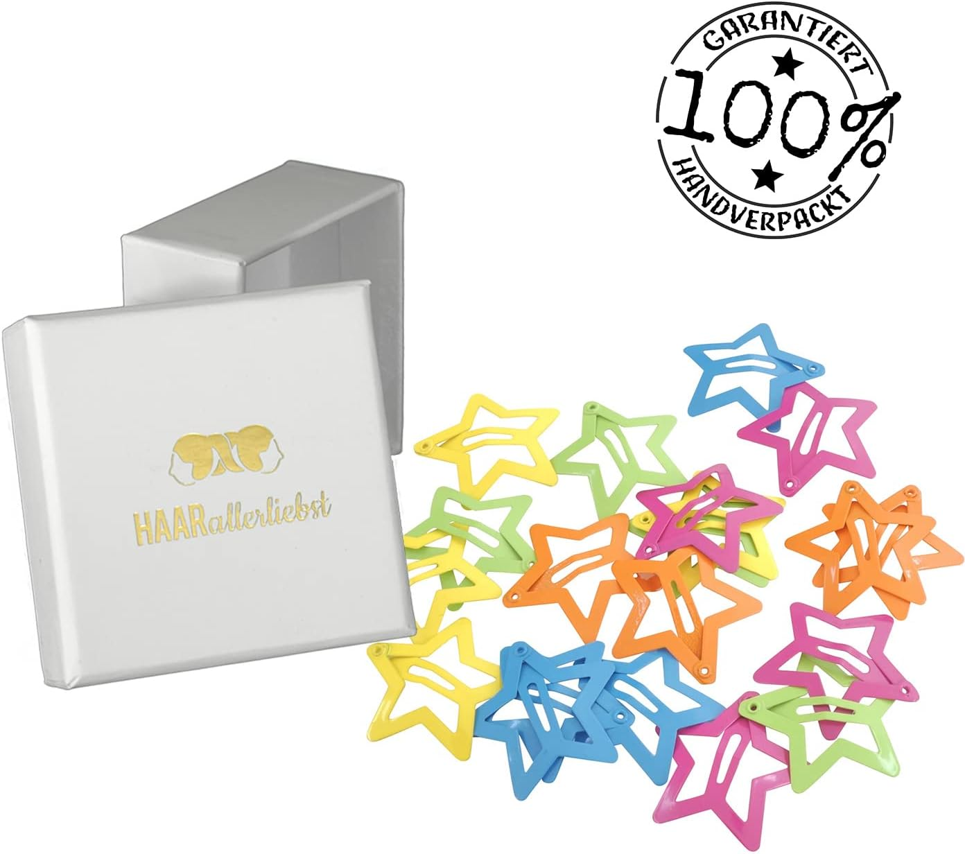 Haarallerliebst Hair Clips Mini Stars (Pack of 20, Yellow, Orange, Pink, Green, Blue, 3 Cm) with Box for Storage (Box Colour: Pink) (Box Colour: White) - Box Colour: Pink image number 3