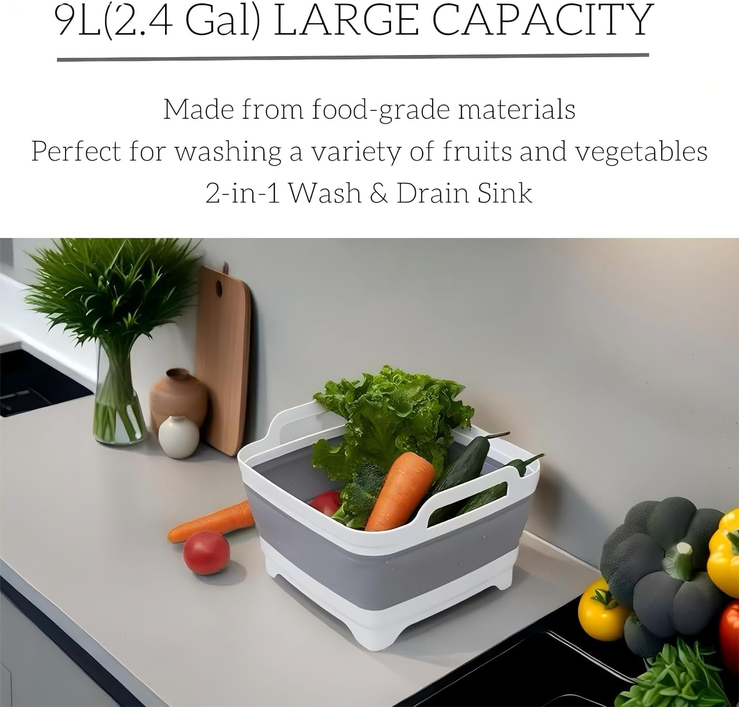 Collapsible Wash Basin 9L, Foldable Dish Tub with Drain Plug, Portable Collapsible Dish Basin, Camping Sink for Washing Dishes, Laundry & Kitchen Use (Navy Blue) image number 3