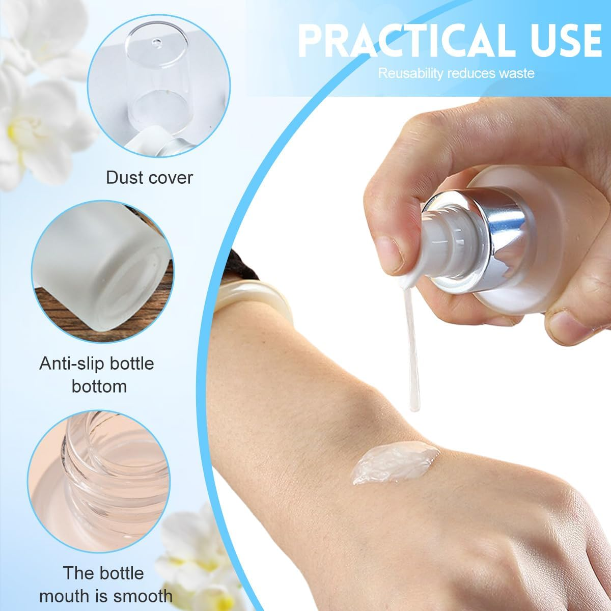 2Pcs 120Ml/4Oz Empty Clear Frosted Glass Lotion Pump Dispenser Bottle Refillable Cosmetic Cream Container Travel Toiletries Pump Dispenser Vials for Cream Emulsion Essencial Oil image number 6