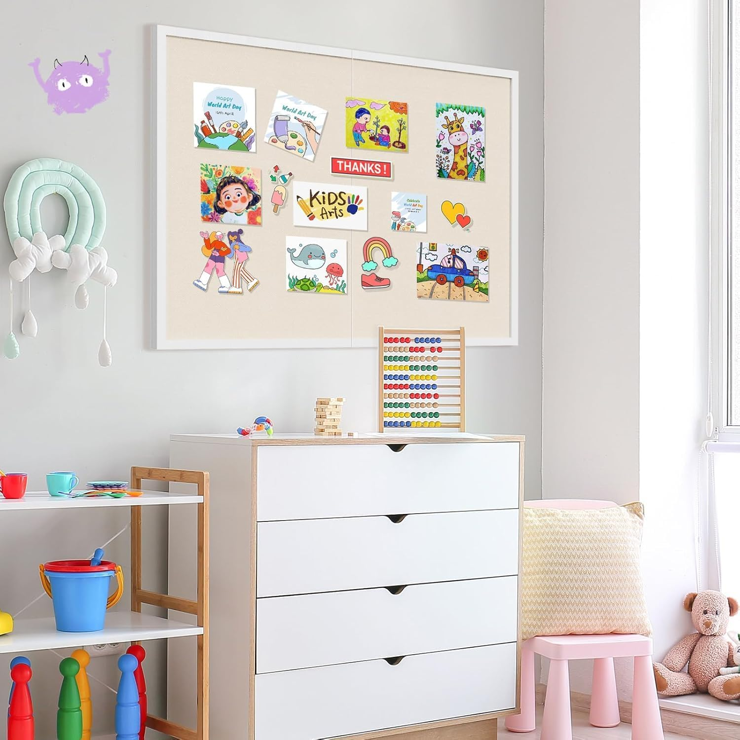 Large Bulletin Board 48X36 Inch with Linen Cork Boards Wall Decor Hanging Pin Wood Framed Display Bulletin Cork Photo Picture Board Light for Room School Office 30-Pushpin White image number 3