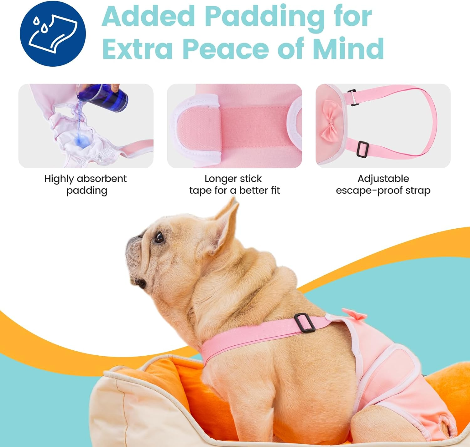 Avont 3 Pack Frenchie Dog Diapers Female, Washable Reusable Girl Doggie Pants for Period Heat Cycle, Full Body Cover Onesie with Adjustable Straps -Pink/Purple/Blue M