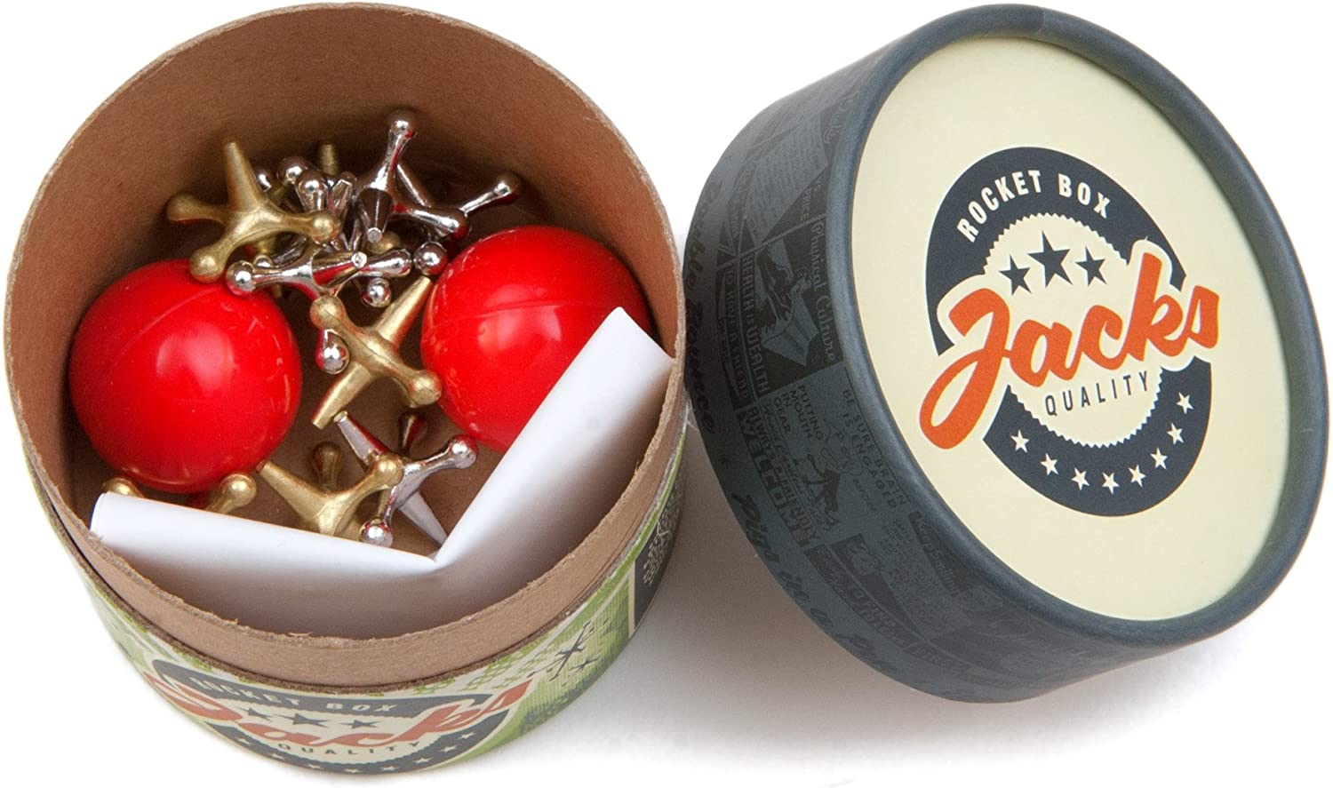 Rocket Box Jacks Game: Retro, New Vintage, Classic Game of Jacks, Gold and Silver Toned Jacks, Two Red Bouncy Balls and Set of Instructions, Fun for Kids and Adults of All Ages. image number 3