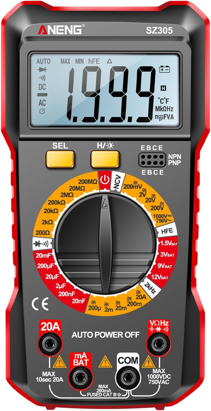 SZ305 Multimeter Capacitor Testers Professional 1999 Counts Smart Voltmeter Ohm Meter Fast Accurately Measures Voltage Current Resistance Capacitor Frequency Diode Hfe