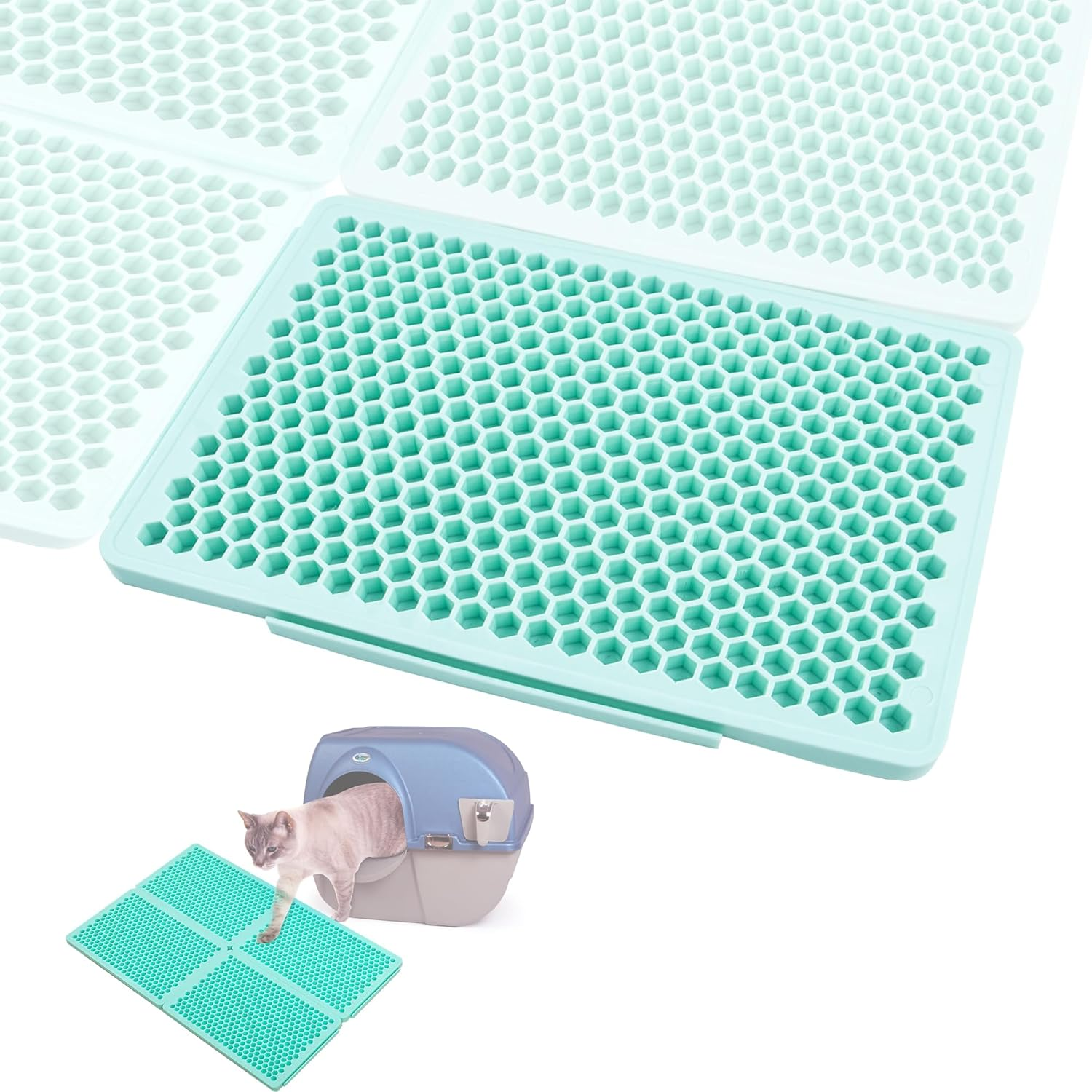 Cat Litter Tray Mat, Honeycomb Design, Cat Litter Tray Mat, Cat Litter Mat, Mat for under Cat Litter, Waterproof and Non-Slip, TPE, Blue, 1 Side Connected image number 6