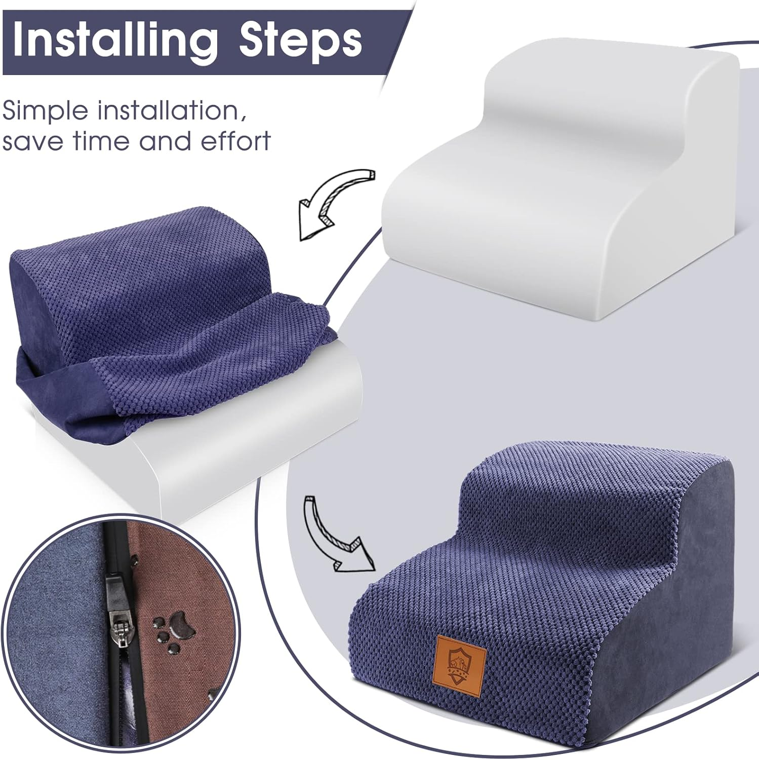 Replacement Cover for Pet Steps, Compatible with Kphico 2 Tier Foam Dog Stairs Ramps, 15.7" L X 15.7" W X 11.8" H, Waterproof Washable Cover for Small Dogs and Cats, Blue image number 5