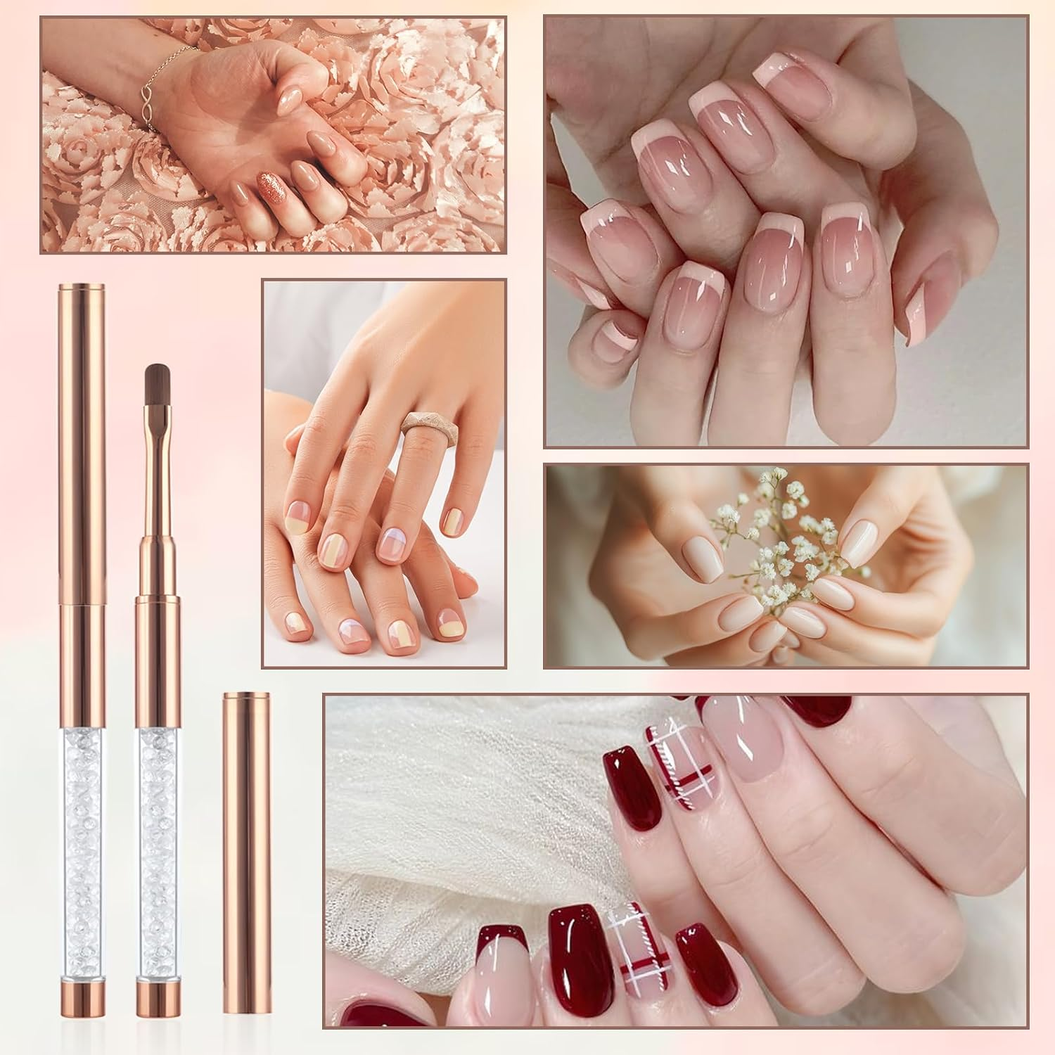 Larrel Pack of 2 Gel Brushes for Nails, Flat Nail Brushes with Lid, Rose Gold Nail Art Brush, Gel Brush, Nail Brush, UV Rhinestone Handle, Painting Brush, Gel Nail Art Brush for Nail Design, Nail Art image number 1