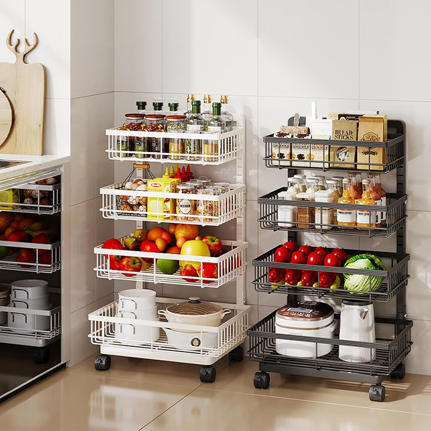 4-Tier Utility Rolling Cart, Metal Storage Cart with Wheels, Versatile Rolling Storage Snack Carts, Adjustable Fruit Vegetable Basket Rack for Pantry, Bathroom, Kitchen, Office (White) image number 6