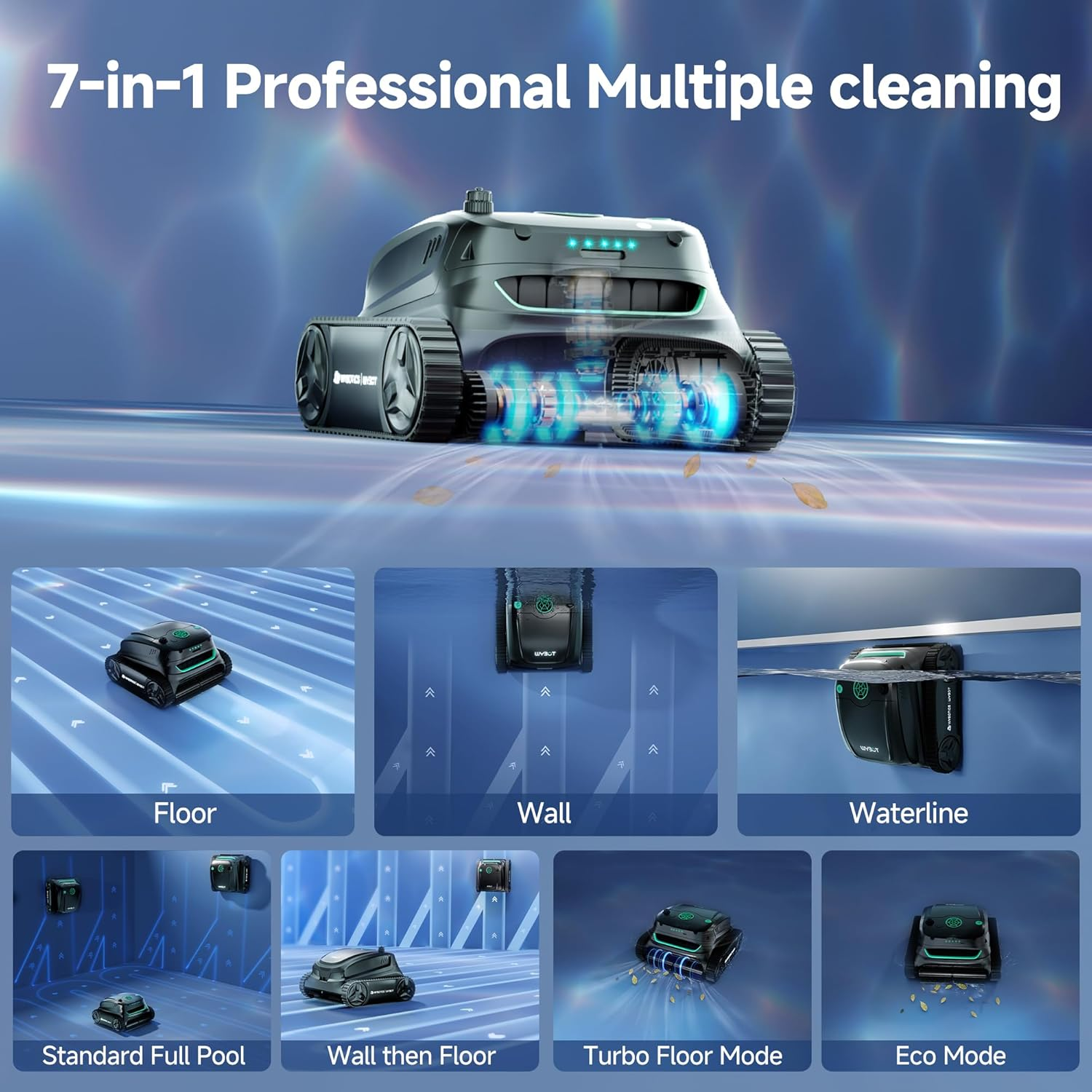 (2025 New) WYBOT S2 Solar Automatic Robotic Pool Vacuum Cleaner, Smart Auto Parking, Dual Charging Modes, 3D Adsorption System, Brushless Motor, App Control, for In-Ground Pools up to 3,229 Sq.Ft image number 6