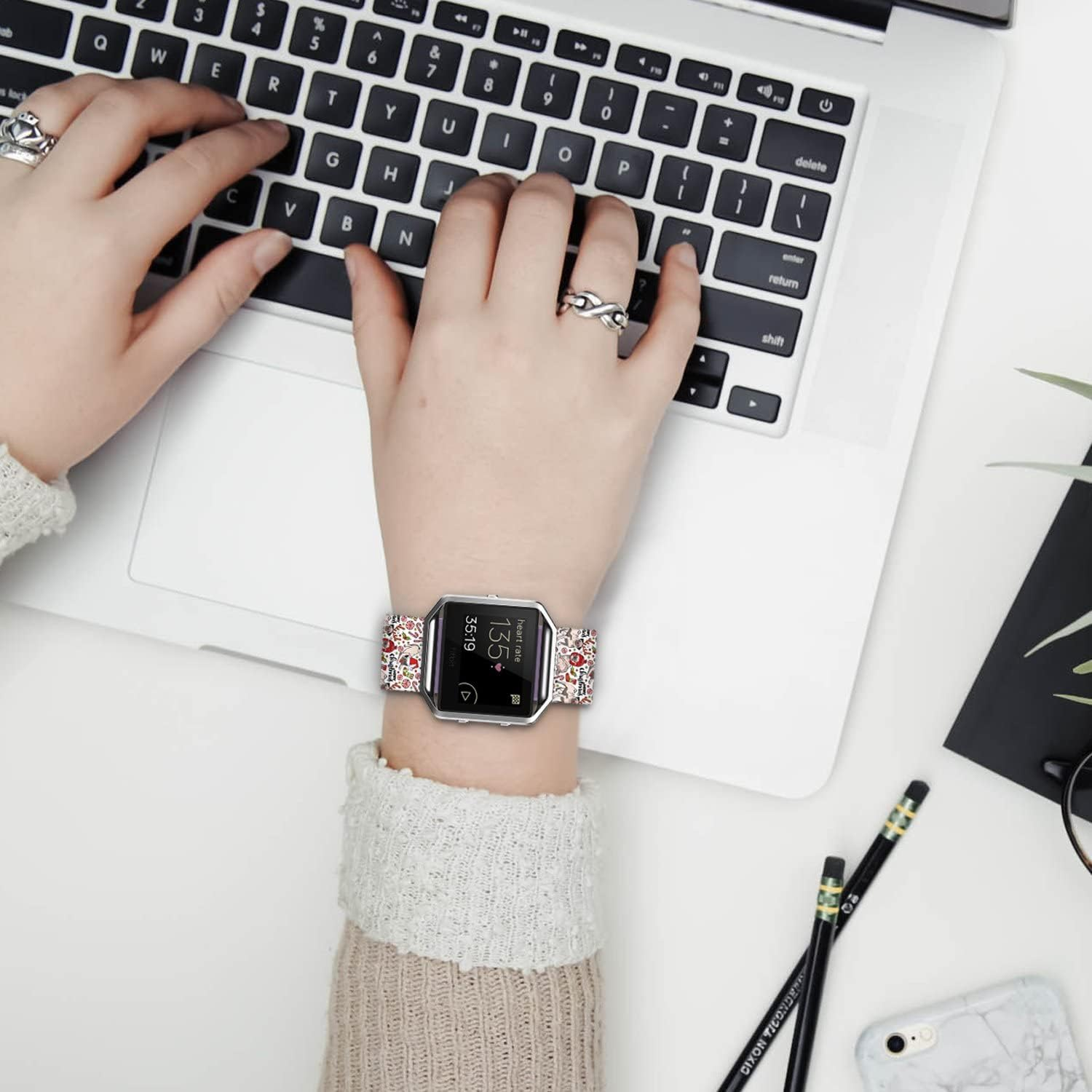 Women Flower Strap for Fitbit Blaze Bands, Genuine Soft Leather Replacement Wristband Bracelet Metal Frame for Fitbit Blaze Smart Fitness Watch image number 2