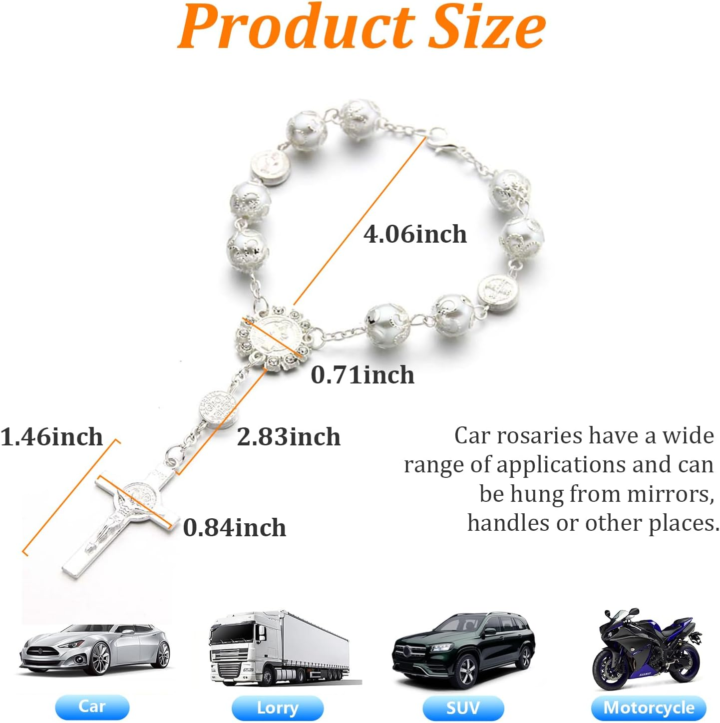 Ziciner 2 PCS Car Rosary for Rearview Mirror, Personalized Blessing Rear View Mirror Hanging Decors, Auto Rearview Mirror Rosary Pendant, Car Interior Hanging Accessories (Silver) image number 2