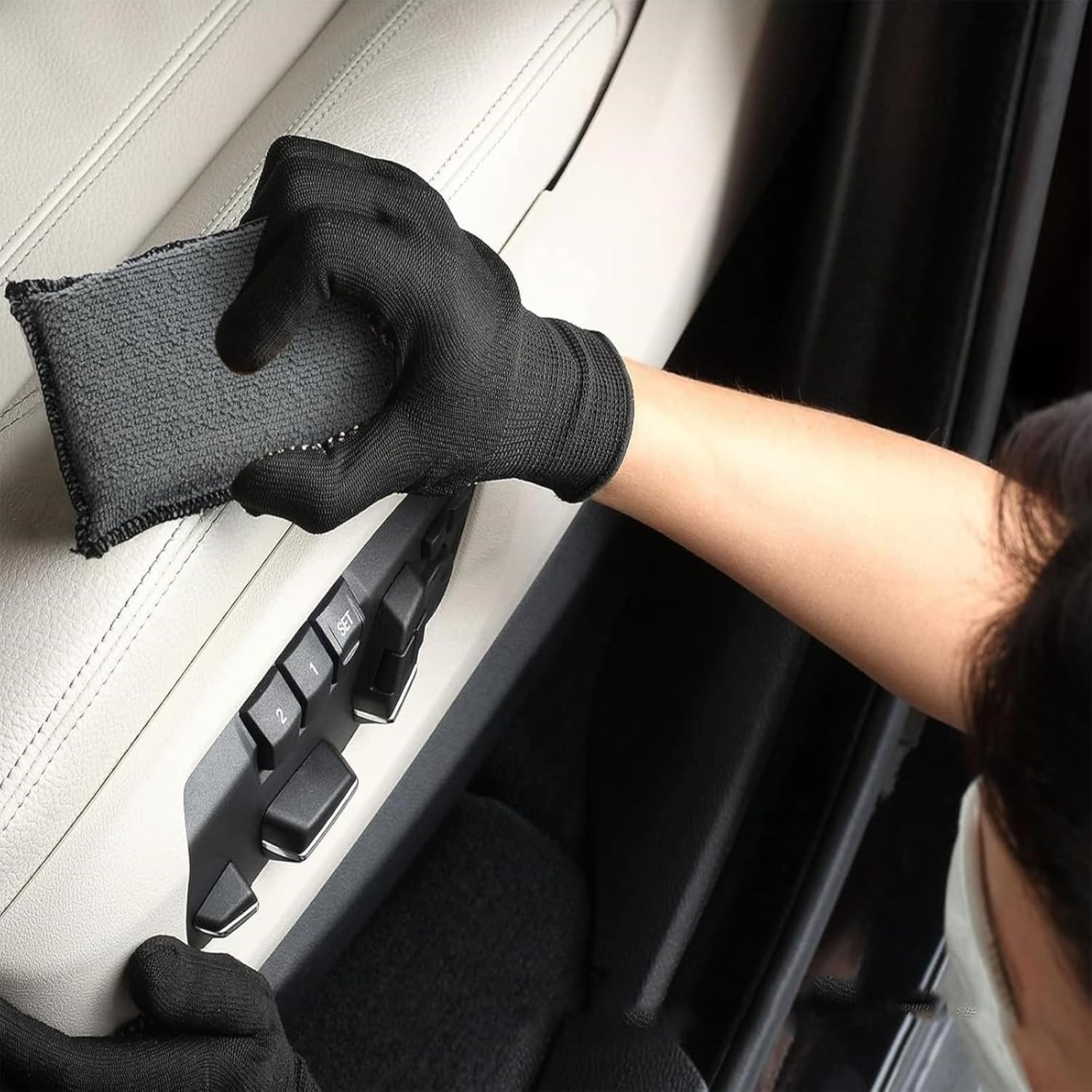 2Pcs Car Interior Scrubbing Sponges, 15&times;10X2.5Cm Microfiber Auto Detailing Scrub Towel for Leather, Plastic, Vinyl & Upholstery, Gentle Effective Car Wash Sponge for Interior Cleaning (White+Gray) image number 4