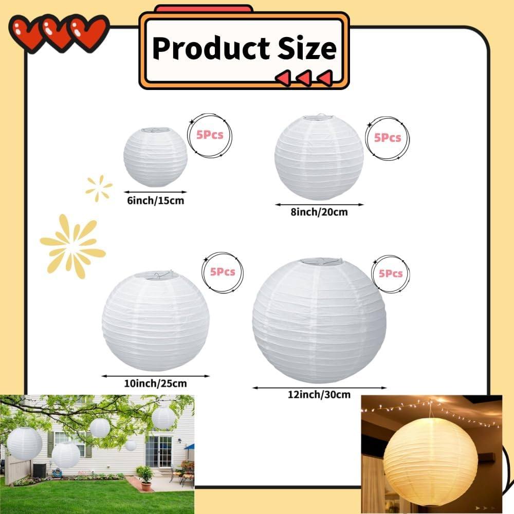 20Pcs White Paper Lanterns, 6" 8" 10" 12" round White Paper Lantern Decorations with Hanging Line for Weddings Decoration, Indoor and Garden Party Decoration image number 5