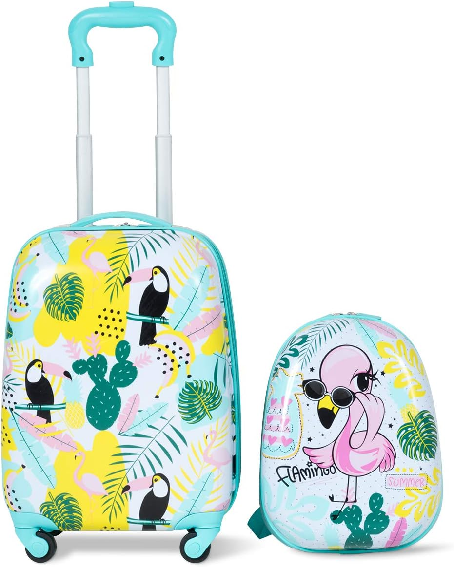 2PCS Kids Luggage Set Carry on with Spinner Wheels & Cute Flamingo Pattern, Adjustable Trolley Rod Height & Backpack Shoulder Strap, Kids Luggage Set Made of ABS, Polycarbonate & Nylon Material image number 5