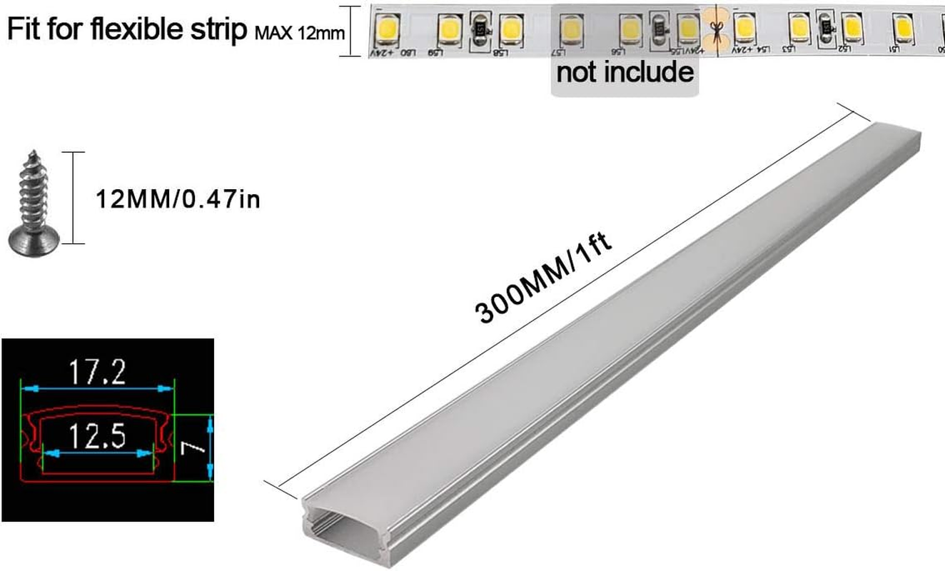 HAMRVL 6-Pack 30Cm/1Ft 17.2X7Mm Led Aluminum Channel System U Shape with Cover, Led Strip Light Diffuser Track with White End Caps and Mounting Clips Accessories for under Counter Light Fixture image number 3