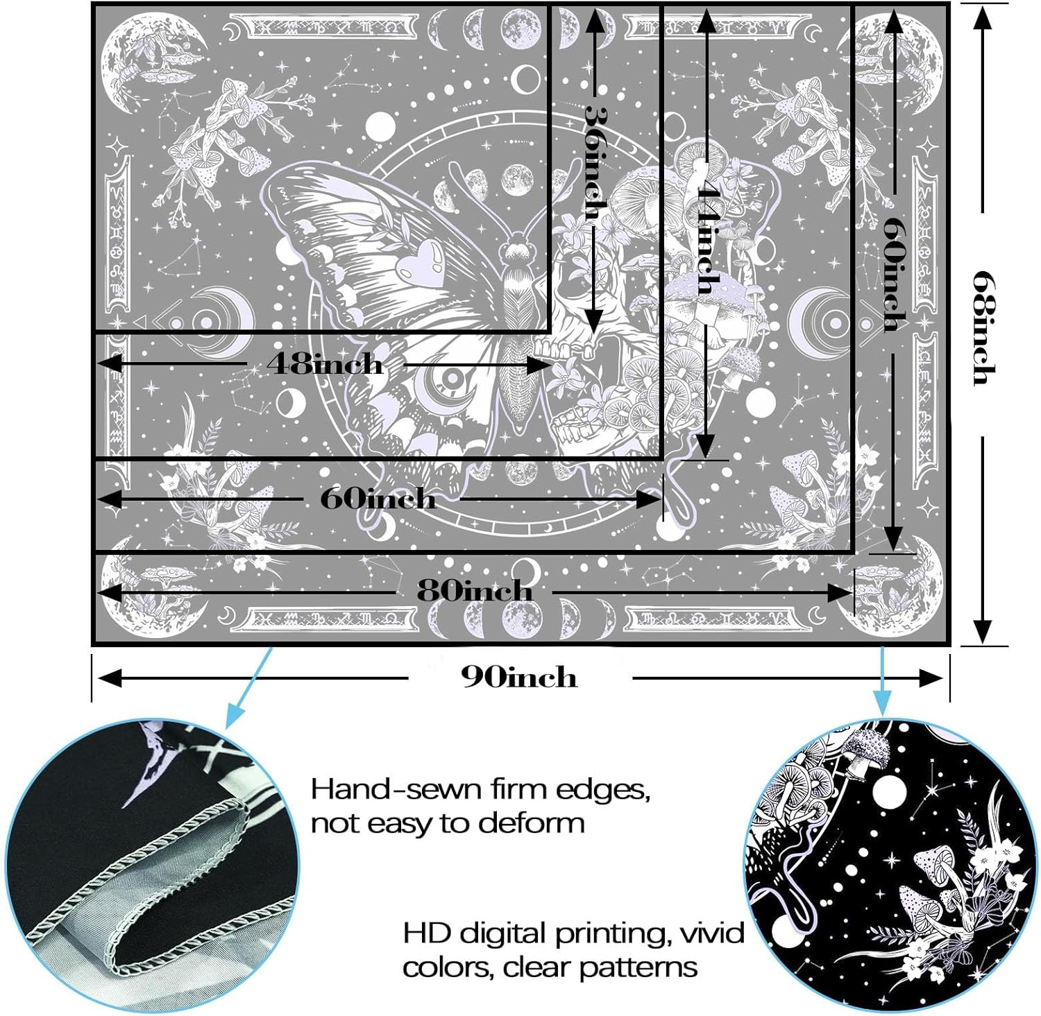 Fungarth Skeleton Butterfly Tapestry Purple Skull Hippie Mushroom Plants Tapestry for Bedroom Moon Phase Aesthetic Tapestries Wall Hanging for Living Room Dorm (60.00&rdquo; X 80.00&rdquo;, Purple) image number 5
