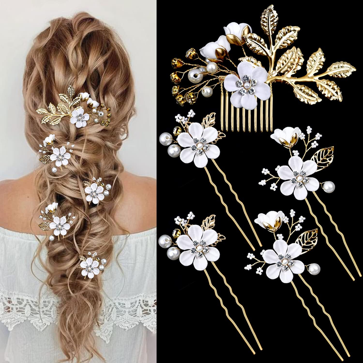 5 Pieces Bridal Flower Wedding Hair Pins Crystal Pearl Hair Pins Clips Headpiece Gold Wedding Hair Accessories Jewelry with Rhinestone for Brides Bridesmaids Women Girls Updo(Pure White Flower) - Exquisite Flower Leavesspecial Cream Blue image number 3