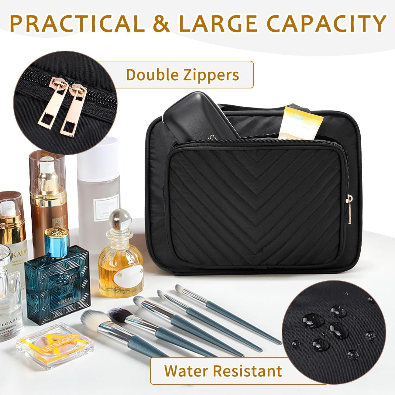 Toiletry Bag for Women Mens, Kasqo Water Resistant Large Hanging Travel Toiletry Bag Portable Shaving Makeup Cosmetic Organizer with Luggage Sleeve for Daily Gym Business Trip, Black image number 4