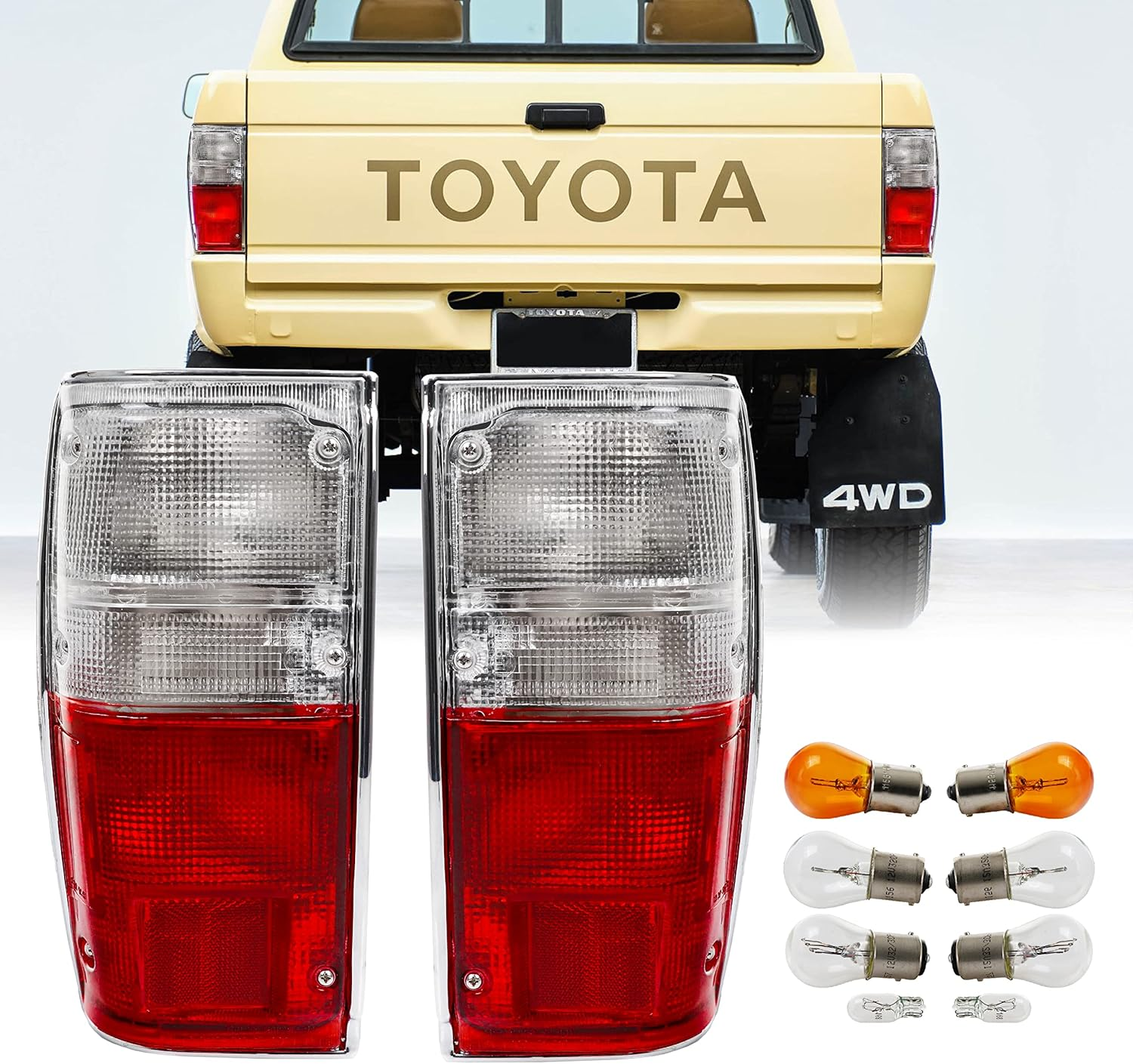 USR 84-88 4Runner Tail Lights - Rear Replacement Taillight Lamp Set (Left + Right) Compatible with 1984-1988 Toyota Pickup Truck 2WD/4WD & 84-89 4 Runner (Red/Clear Lens, 6 Bulbs, Wiring Included) image number 3