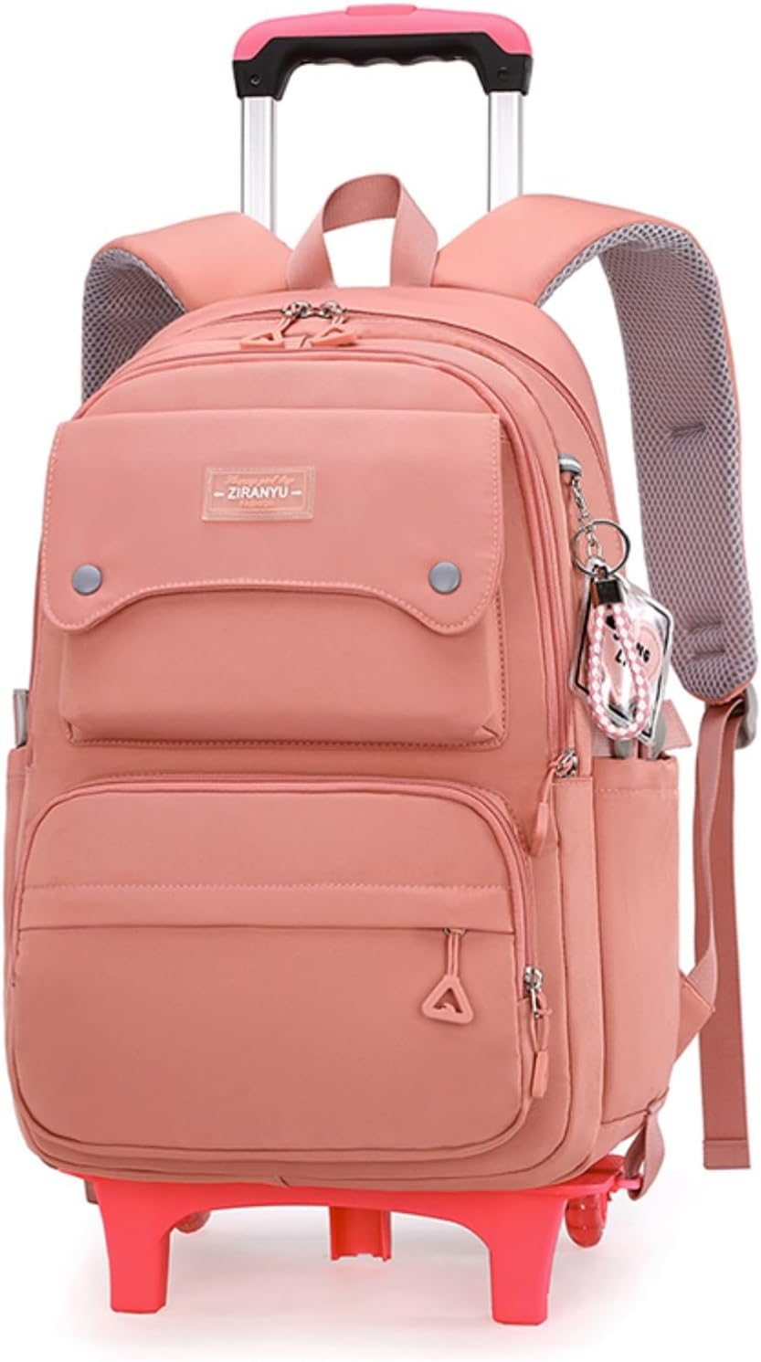 LANSHIYA Solid Color Girls Rolling Backpack with Wheels Schoolbag Elementary School Student Trolley Daypack image number 6