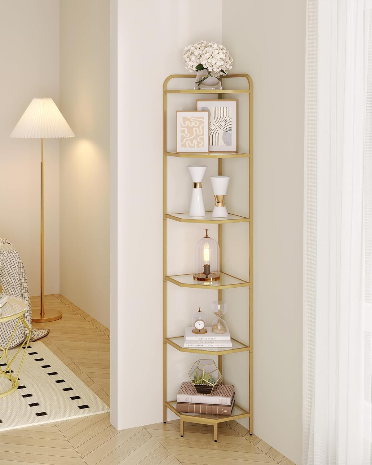 Hzuaneri Corner Shelf Stand, Glass Bookshelf Bookcase, Bathroom Organizer, Plant Stand, Steel Frame, Tempered Glass, Modern Style for Living Room, Bathroom, Kitchen, 6-Tier Golden CS90600G image number 4