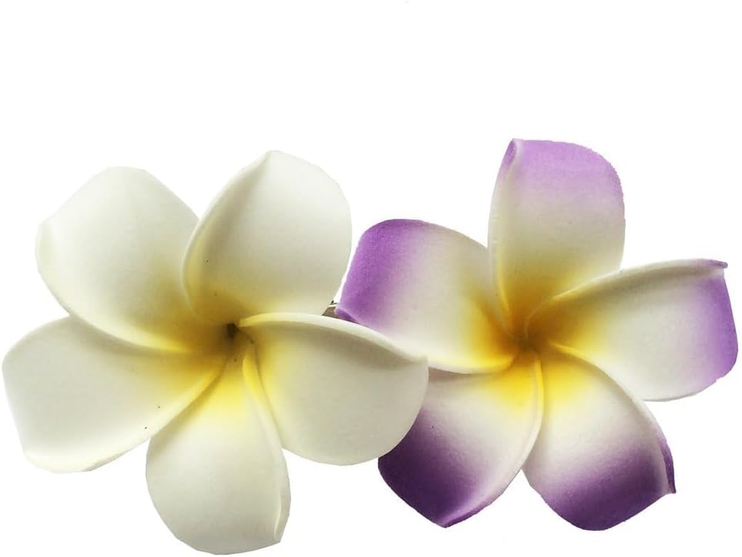 Hawaiian Frangipani Plumeria Foam Head Flower Party Beach Hair Accessories Pack of 2 (White+Purple) image number 1