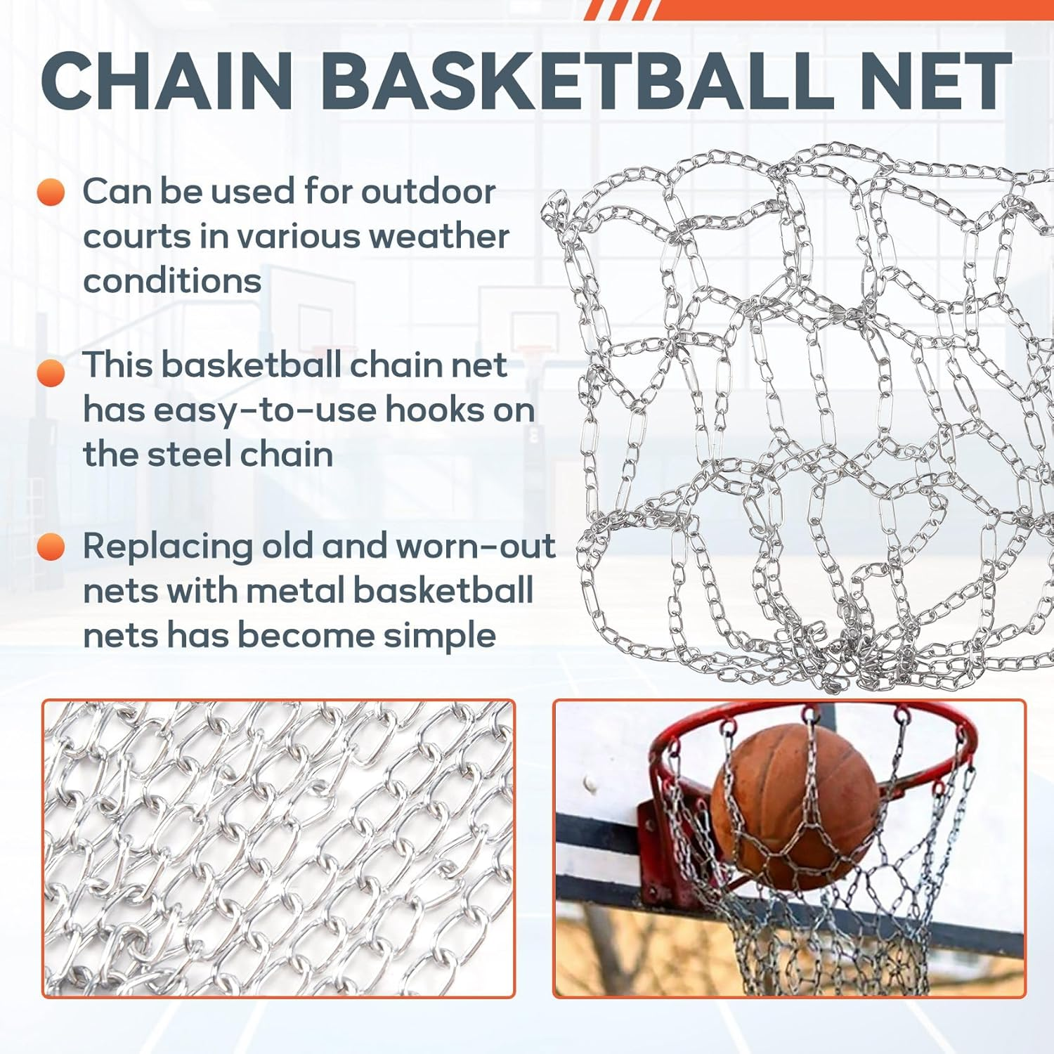 Veumoie Sport Iron Chain Basketball Net Outdoor 12 Loops Standard Heavy Duty Basketball Goal Replacement Net,Silver image number 3