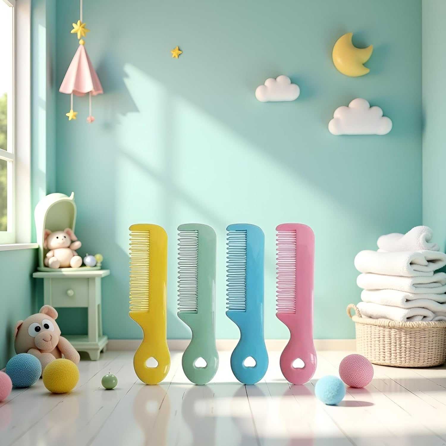 4Pcs Colorful Tip Bristles Baby Cute Comb Baby Grooming for Sensitive Scalp Skin, for Nursery Newborn Infant Girl Boy Kids Comb Baby Grooming (Round) image number 2