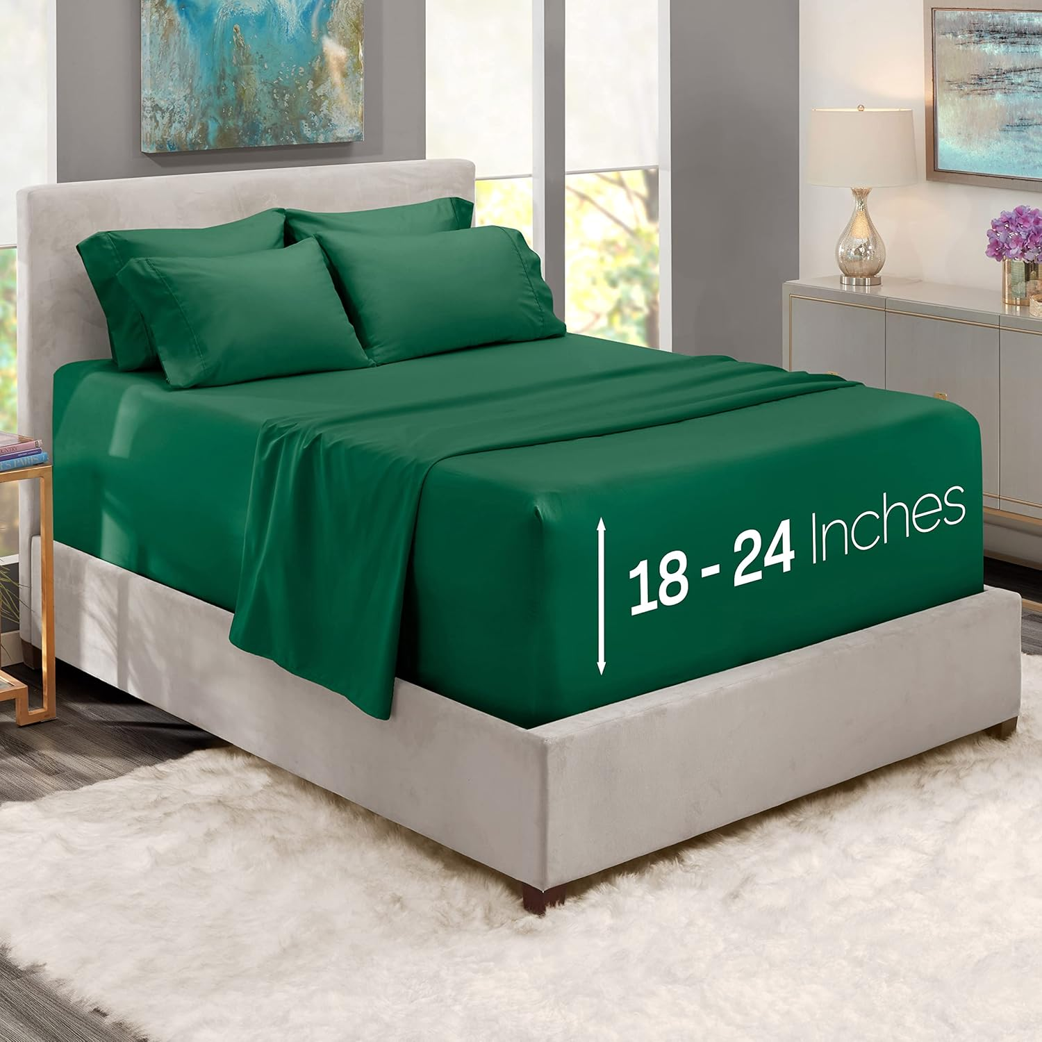 Hearth & Harbor Extra Deep Pocket Sheets - Fits Mattress 18-24 Inches Deep - Extra Deep Pocket Full Size Sheets Sets - 6 Piece Full Size Sheets - Full Sheets Deep Pocket - Hunter Green Sheets image number 4