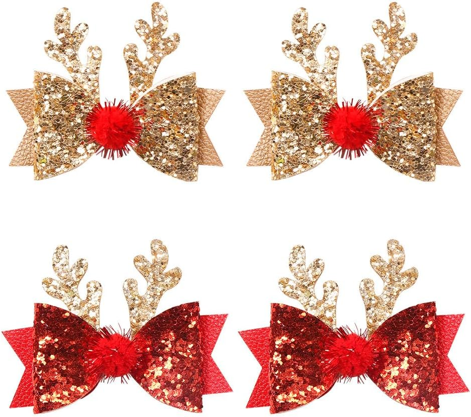 4 PCS Christmas Hair Clips for Women Christmas Hair Bows for Girls Glitter Hair Bow Clips Christmas Hair Accessories for Little Girls Deer Decorative Side Hair Clips Sparkly Bow Barrettes for Girls