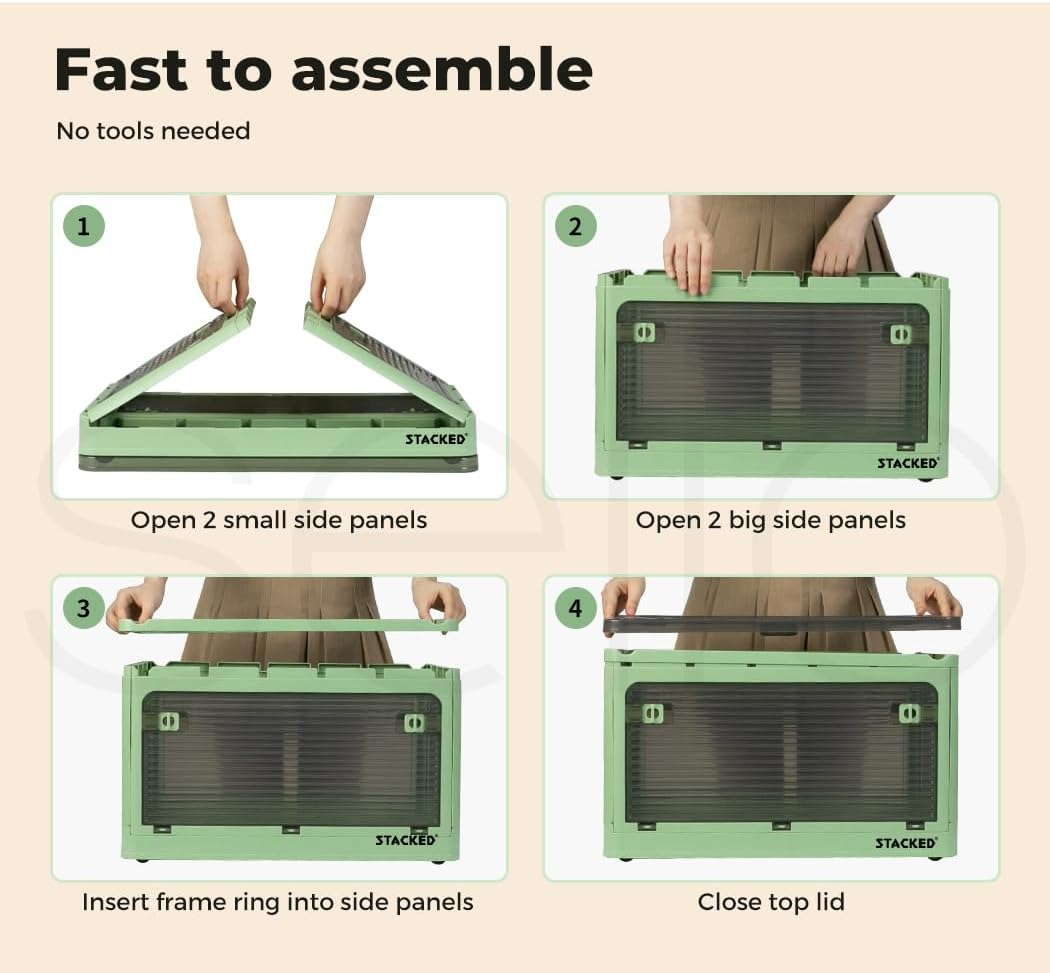 Stacked Storage Bins Stackable Plastic Container with Handle Lid Clothes Wardobe Organiser Toy Book Box Foldable 5 Side Open Wheel 55L Green image number 6