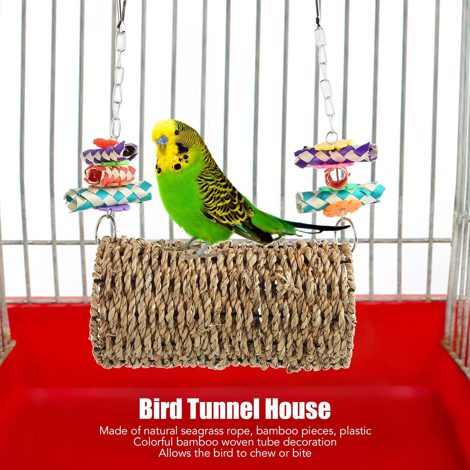 Parrot Grass Tunnel, Seagrass House Chewing Relaxing Swing Toy with Hole and Hook, Nest Snuggle Hut for Parrot Cockatiel Budgie Hamster image number 5