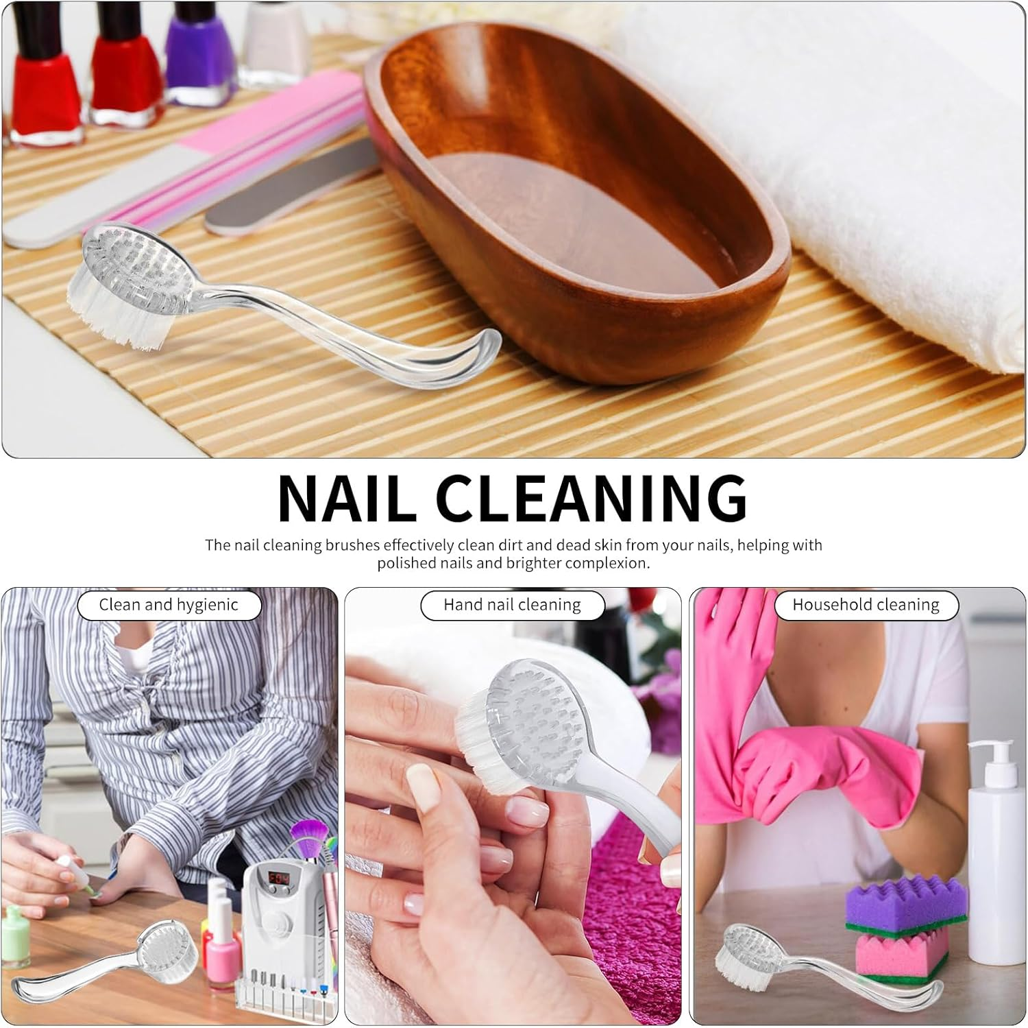 3Pcs Cleaning Brush Hand Grip Nail Manicure Supplies Nail for Cleaning Fingernails Nail Brush Foot Brush Facial Cleansing Brush Toe Brush Pedicure Manicure Brush Nail Scrubber (Transparent, 12.8*2.5CM)