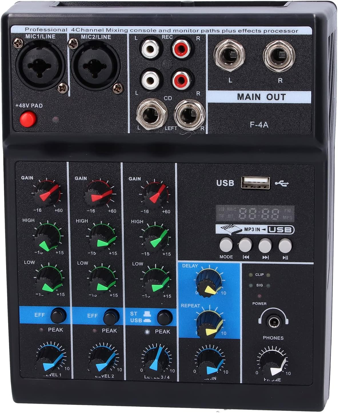 F4A Audio Live Mixer USB Interface Audio Mixer 4 Channel, Stereo DJ Sound Controller for Home Karaoke, USB Live Stage KTV, Soundcard for PC Recording image number 6