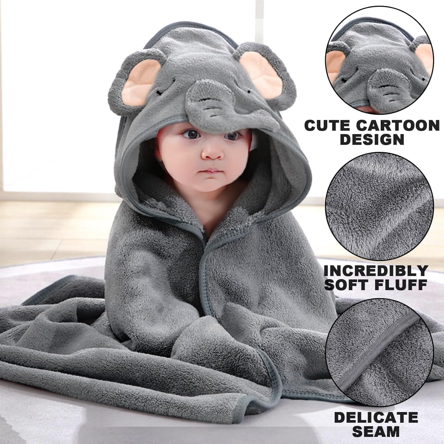 Lylilidy Hooded Baby Towel with 2 Towel for Kids, Premium Soft Bath Towel for Newborn, Infant, Natural Baby Stuff Towel, Soft Coral Bath Towel for Boys and Girls 80X80Cm(Grey) image number 1