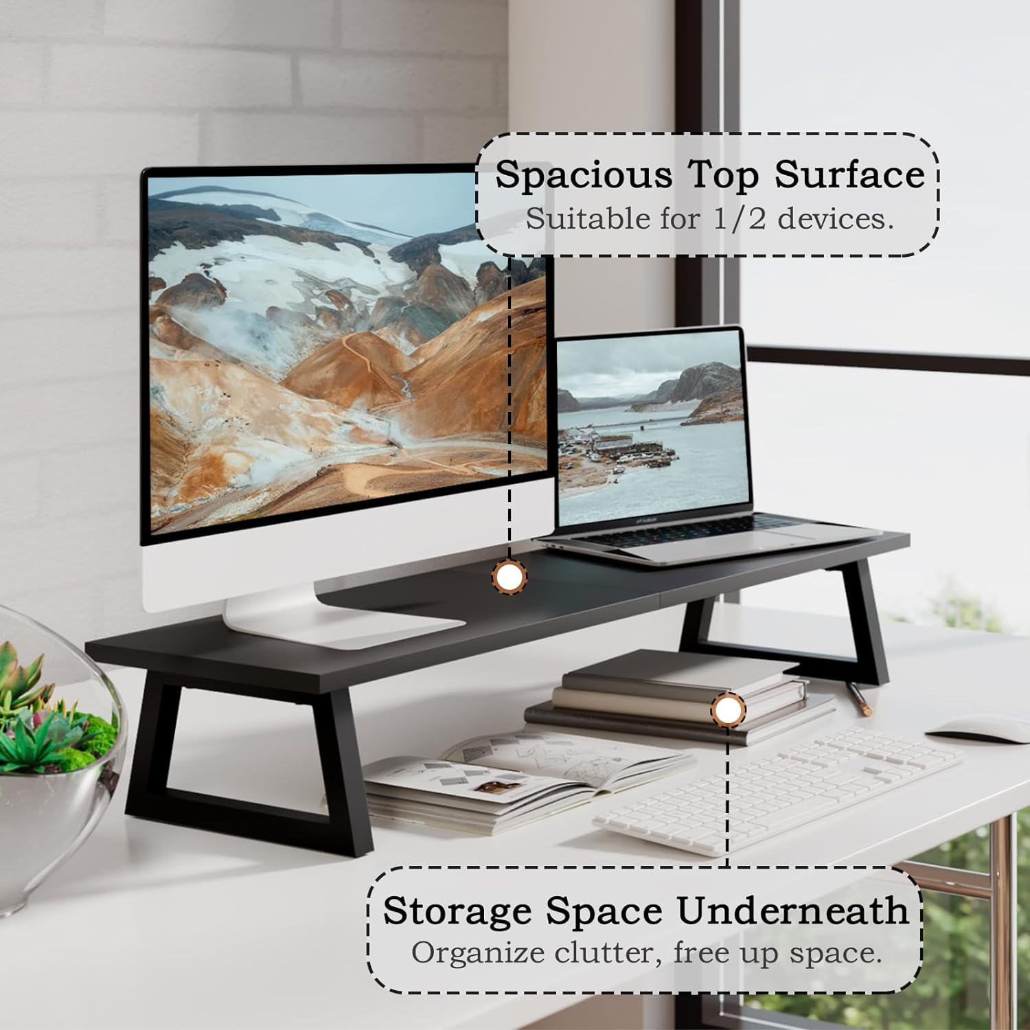 TEAMIX Dual Monitor Riser for 2 Monitors, 80Cm Long Monitor Stand Riser TV Stand Riser Monitor Stand for Desk Wood & Steel Desktop Riser Desk Organization Home Office (Black) image number 2