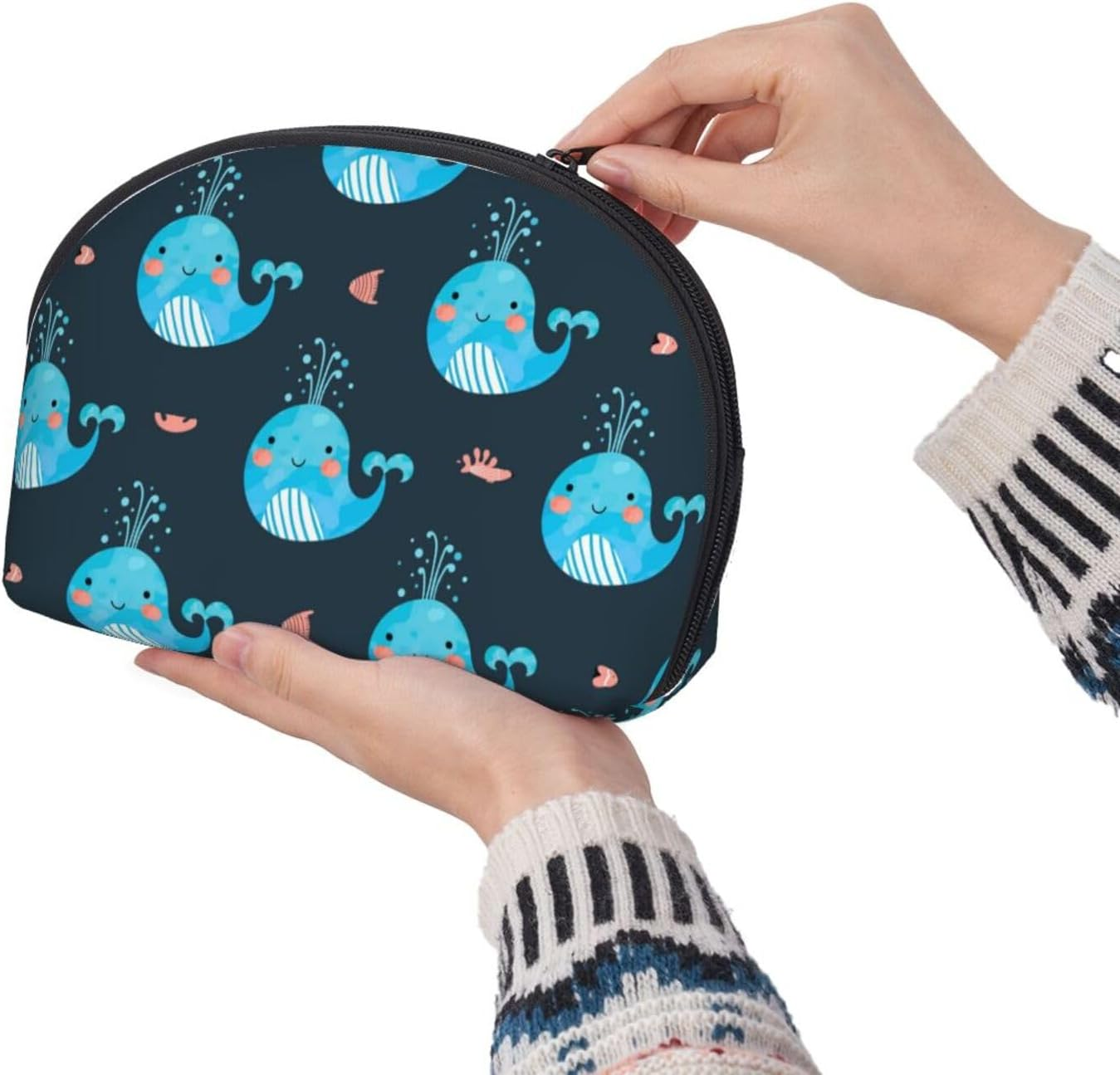 Cozimangoe Coin Pouch Makeup Bags Set, 2 Piece Shell Shape Cosmetic Bag with Pockets for Daily Travel Handbag Lipstick Keys Toiletry, Personalized Cute Whales and Fishes
