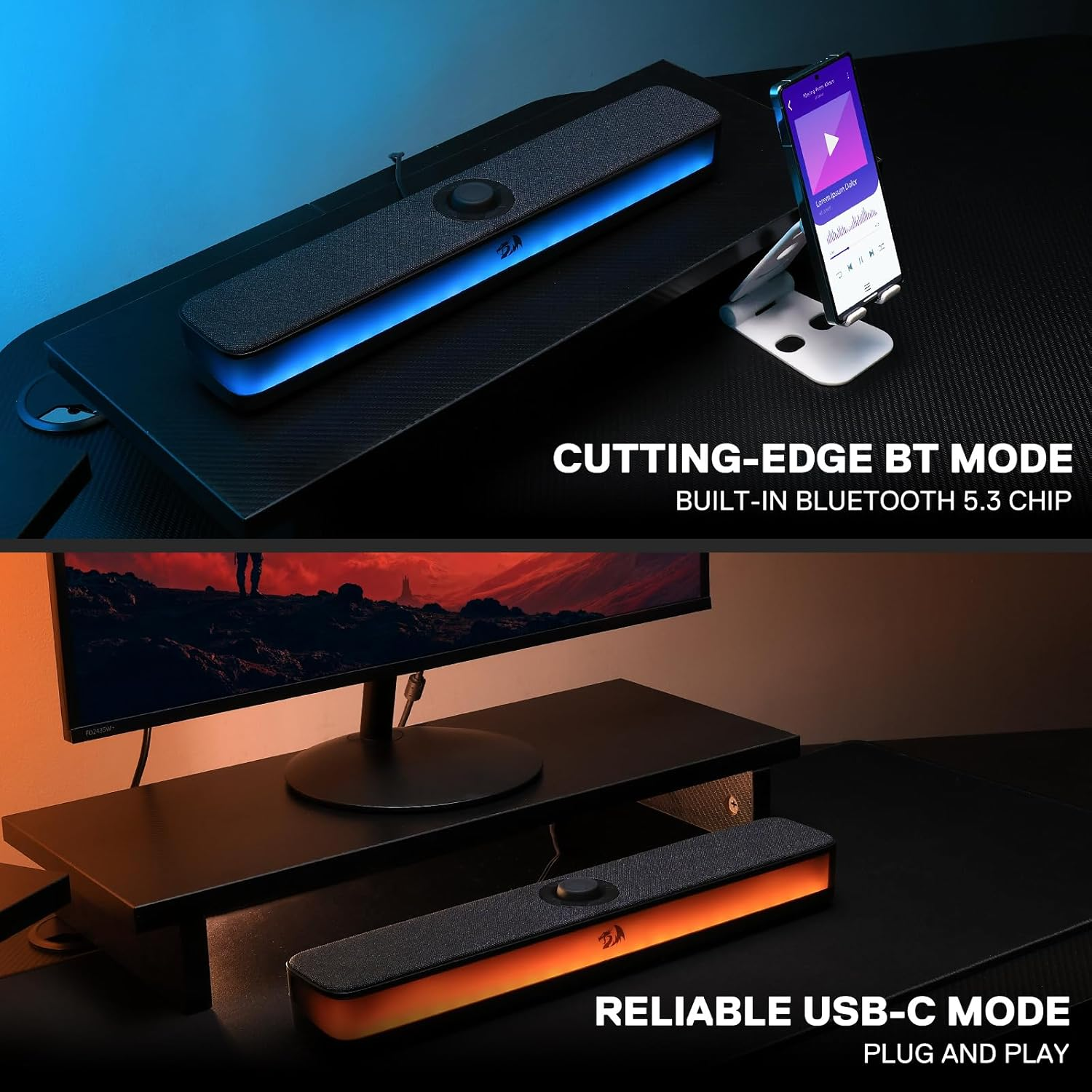 Redragon GS515 RGB Desktop Soundbar, 2.0 Channel Stereo Computer Speakers for Desktop with Bluetooth 5.3, USB-C/USB Powered, Black