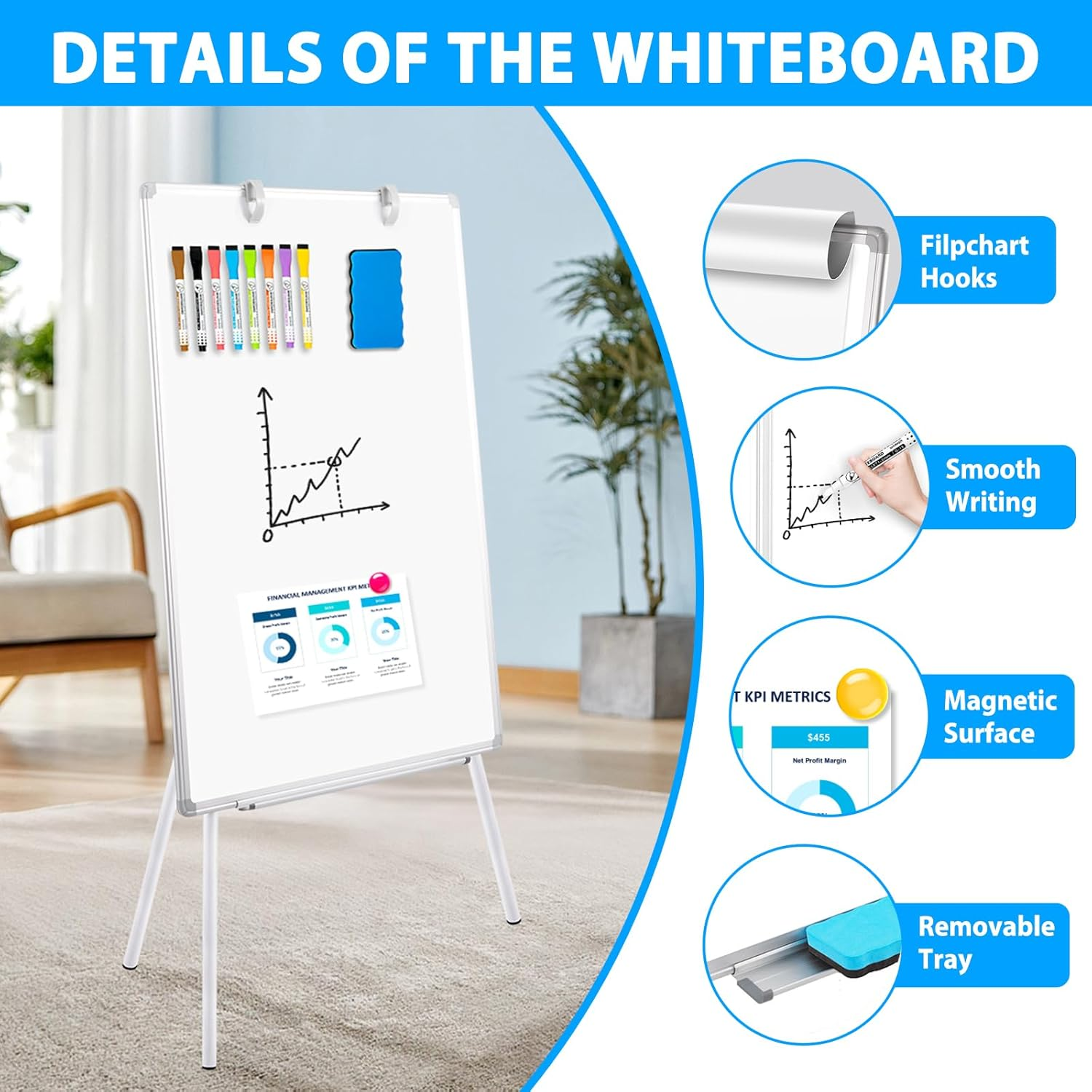 QUEENLINK Magnetic Whiteboard Easel, 60 X 90 Cm Height Adjustable Whiteboard with Stand, Large Aluminium Frame White Board for Teaching, Flipchart Standing Writing Board for Office, Home image number 2