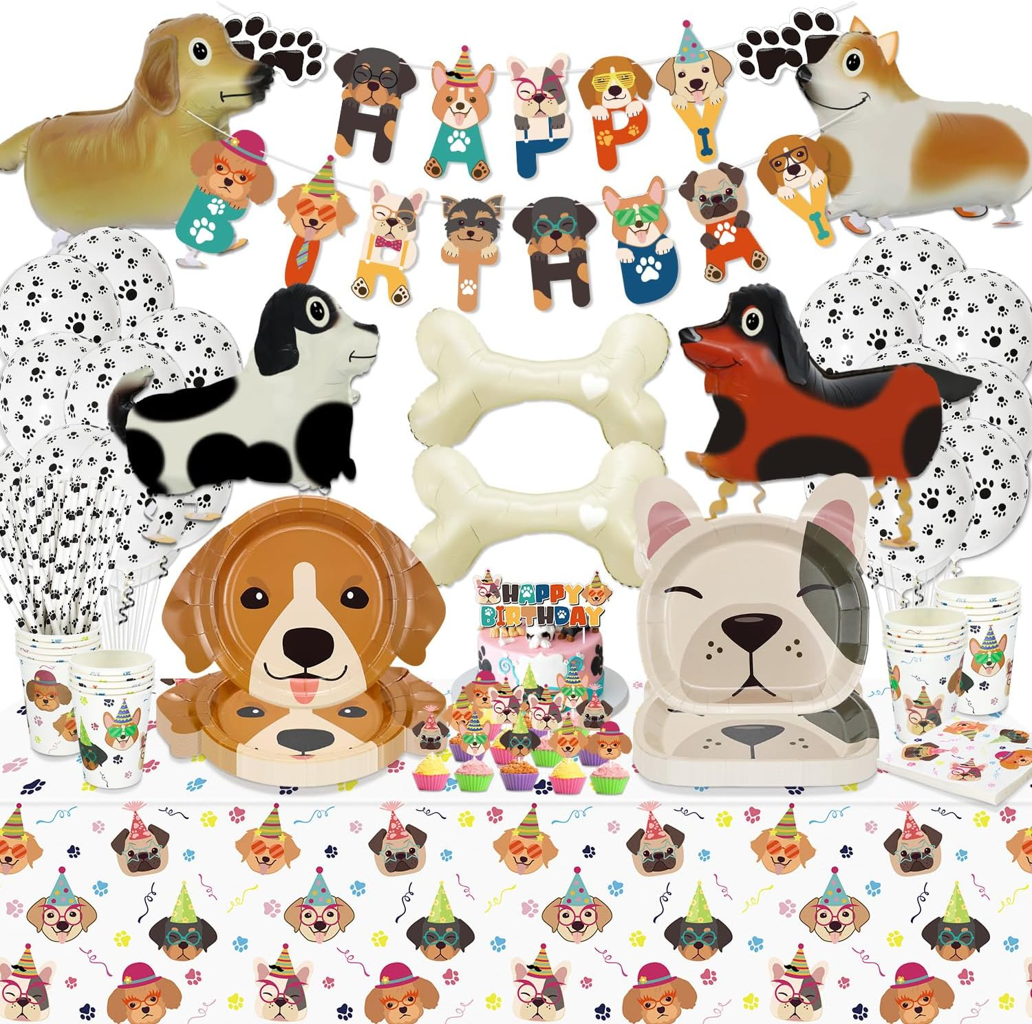 Dog Birthday Party Supplies - Cut Puppy Dog Paw Party Supplies for Doggy, Kids, Birthday Includes Plates, Cups, Napkins, Tableware, Tablecloth, Banner, Balloons, Cake Toppers - Serves 20&hellip;